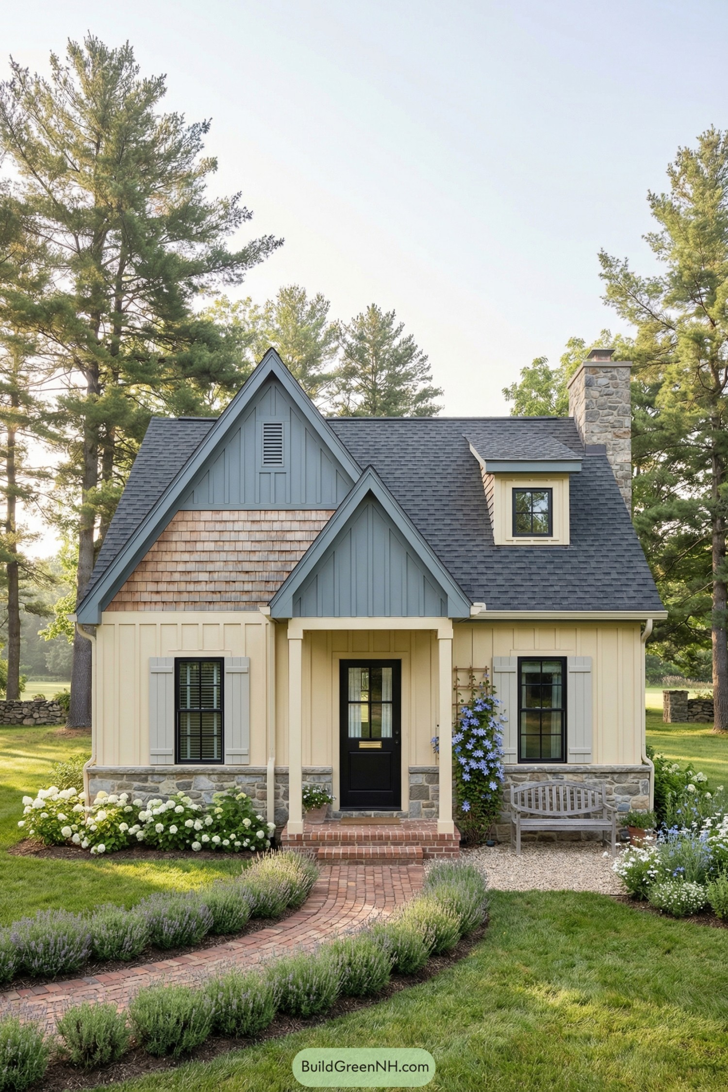 Yellow and blue gabled cottage with stone base and lush front garden
