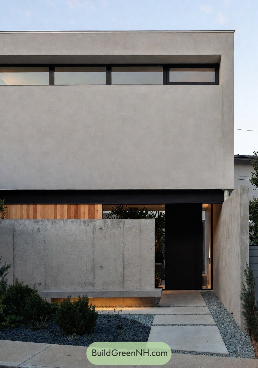 Modern minimalist house facade with tall concrete walls wood accents and narrow upper windows