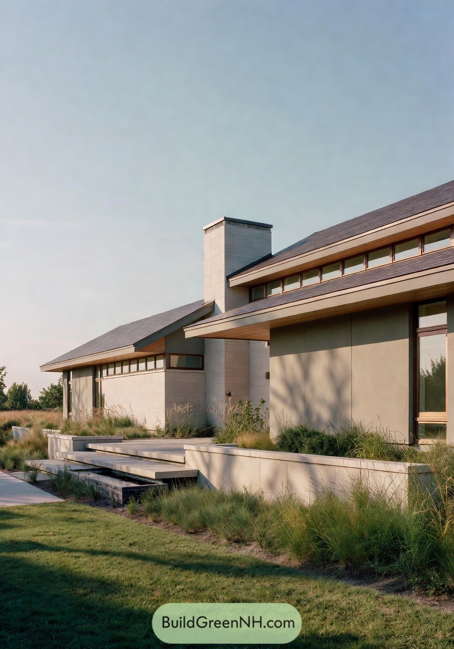Modern low slung house with tiered concrete steps and long horizontal gable roofs