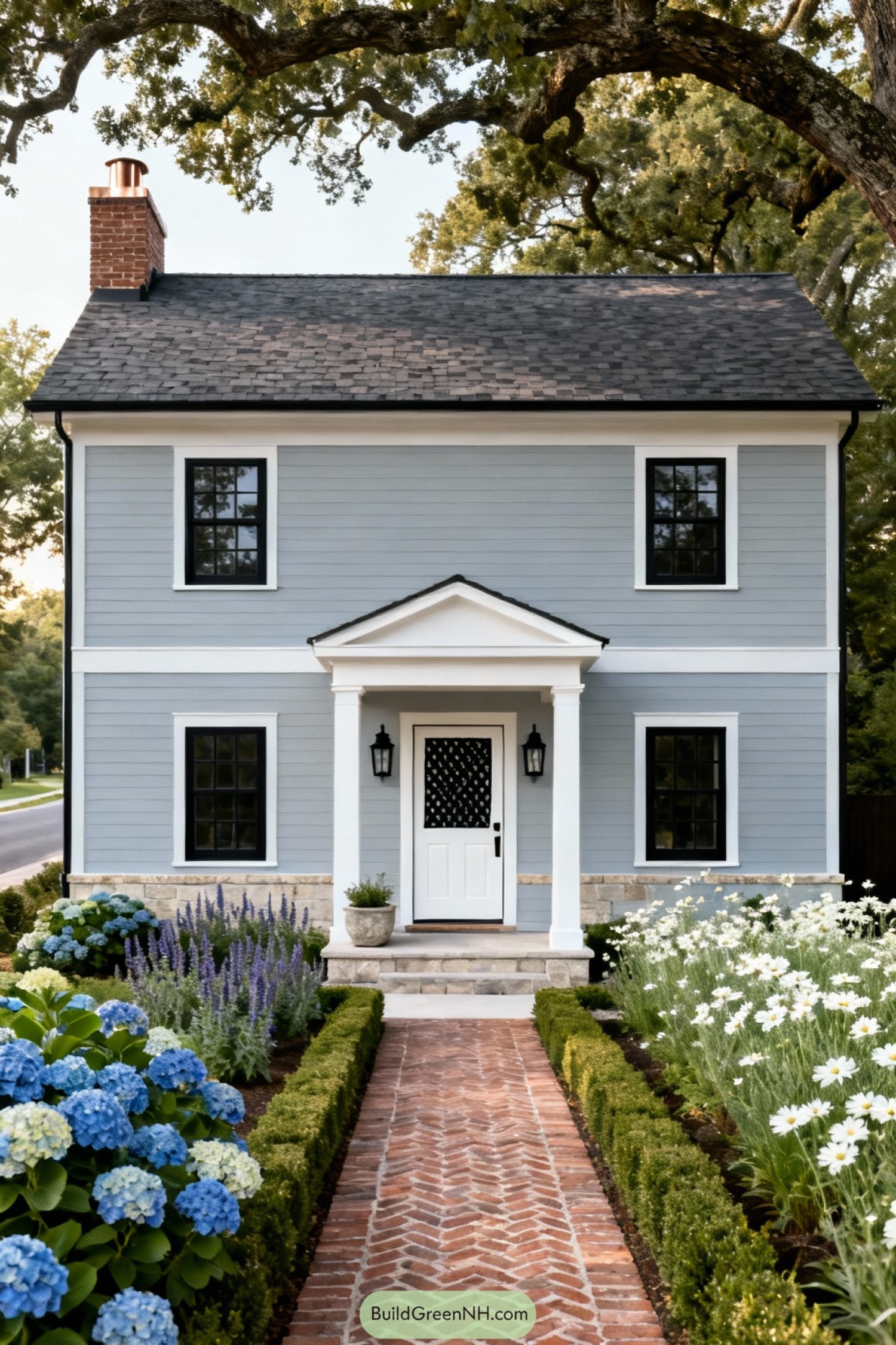 Blue clapboard cottage with brick path and lush flower beds