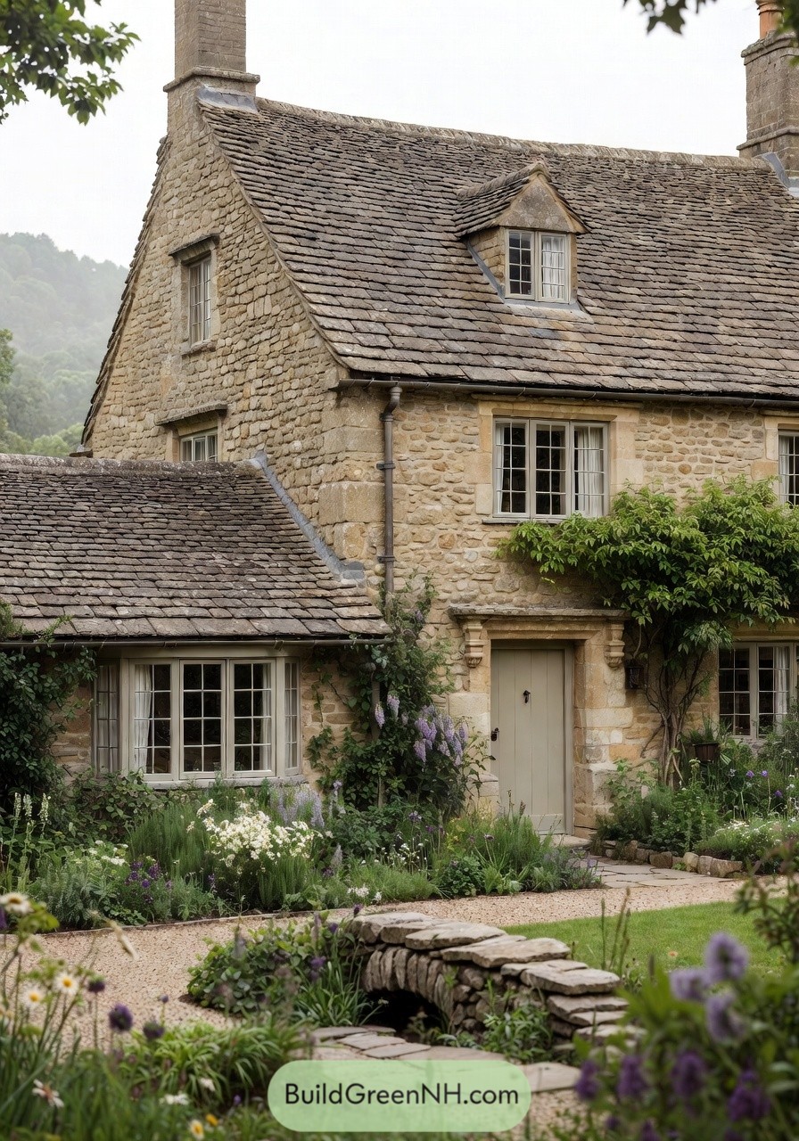 Stone cottage with steep roof, mullioned windows, and lush flower garden