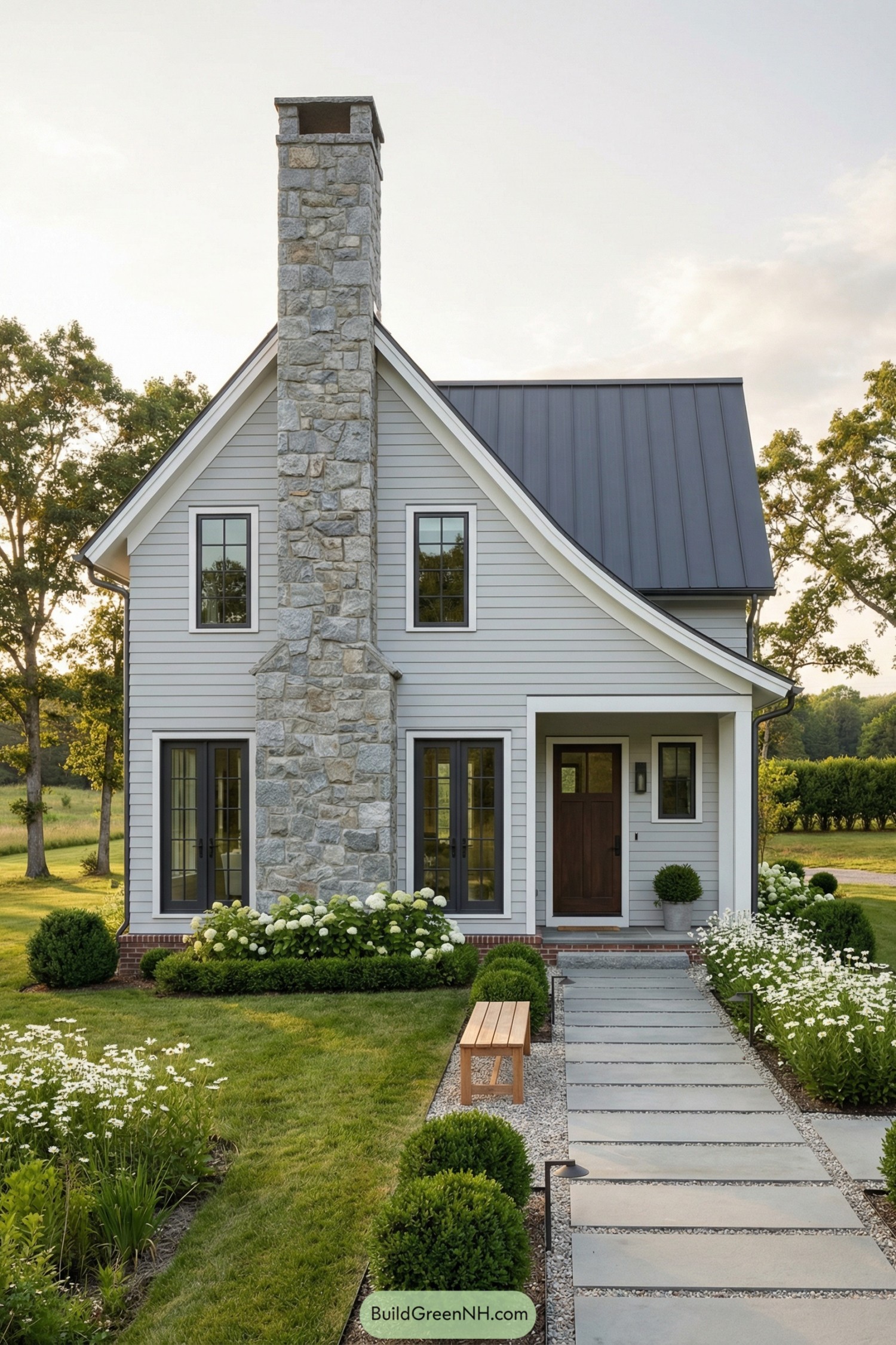 Gray cottage with tall stone chimney and flower lined path