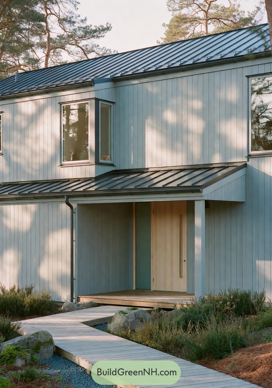 Modern light wood house with metal roof and boardwalk entry