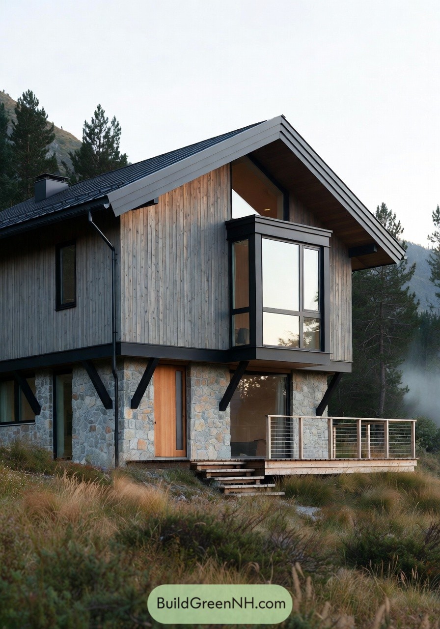 Modern gabled house with stone base and wood siding in a mountain meadow