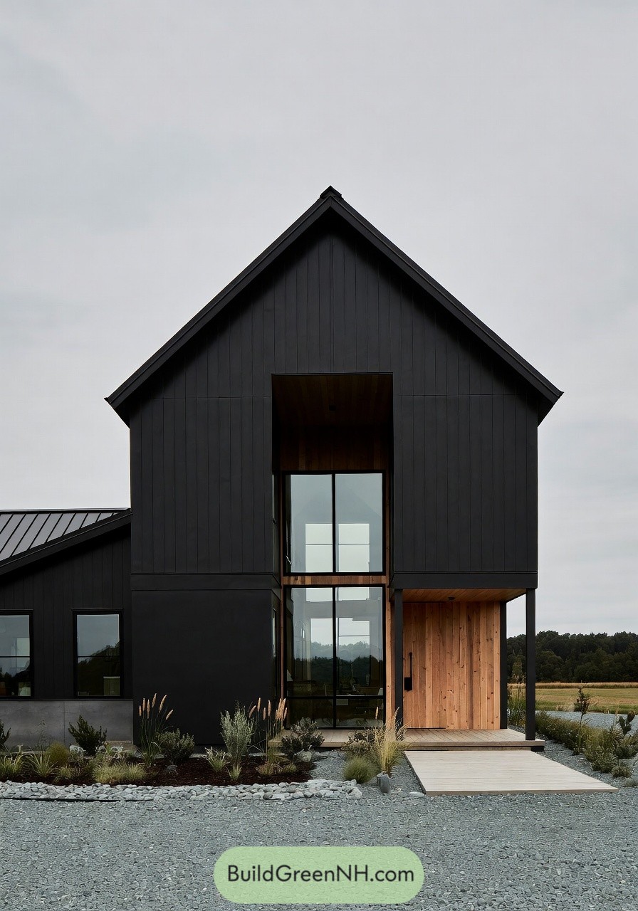 Modern black gabled house with tall glass entry and wood-lined porch