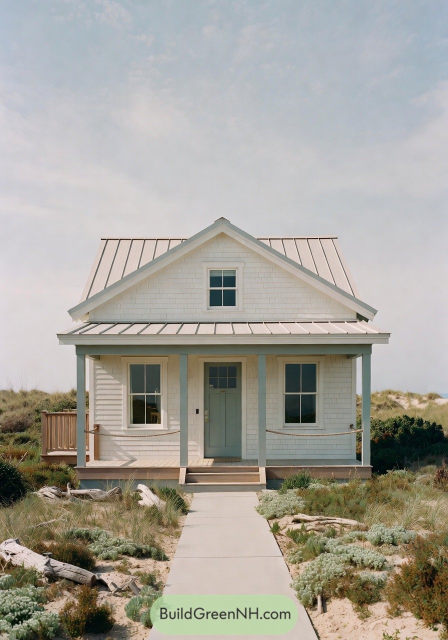 Compact coastal cottage with pale shingles, metal roof, and front porch in sandy dunes