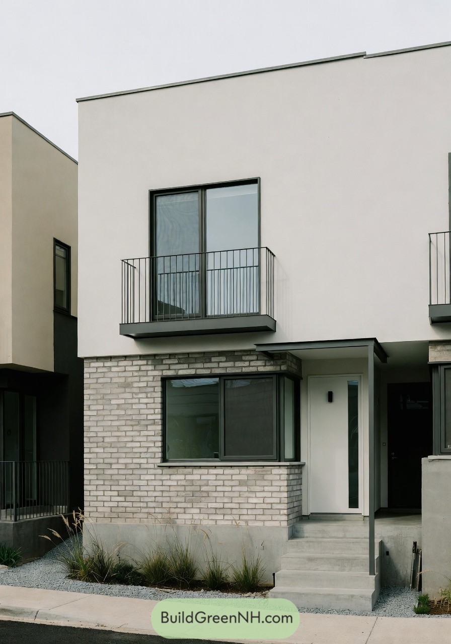 Modern two story townhouse with white brick base and smooth stucco upper level featuring slim balcony and simple entry steps