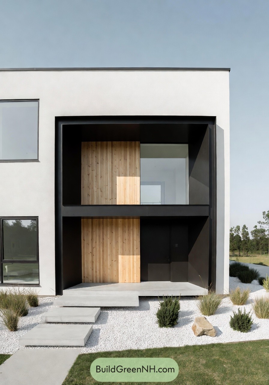 Minimalist two story house facade with recessed black frame entry and vertical cedar cladding. Floating concrete steps lead through white gravel landscaping with simple grasses