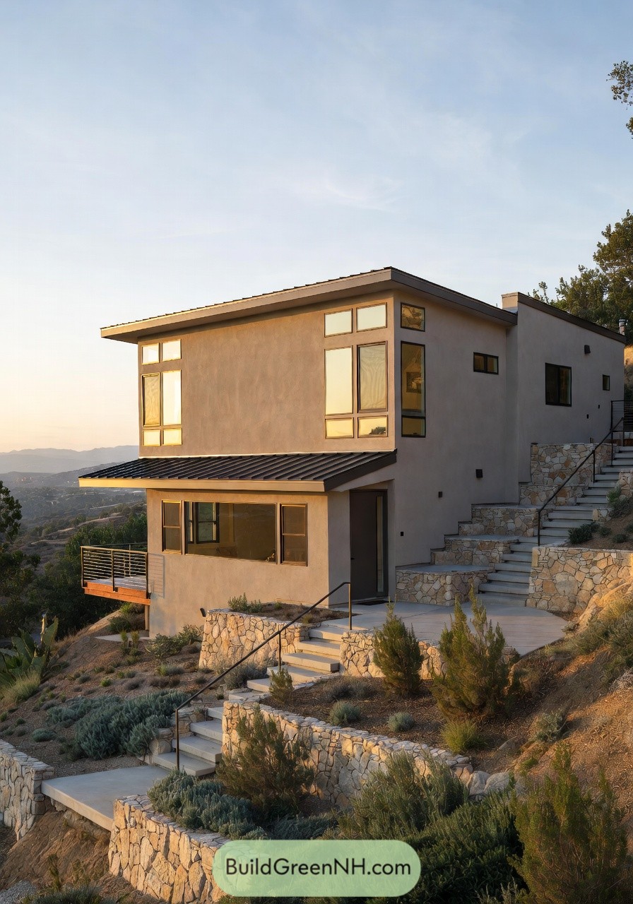 Modern two story stucco house stepped into a landscaped hillside with stone retaining walls and expansive windows