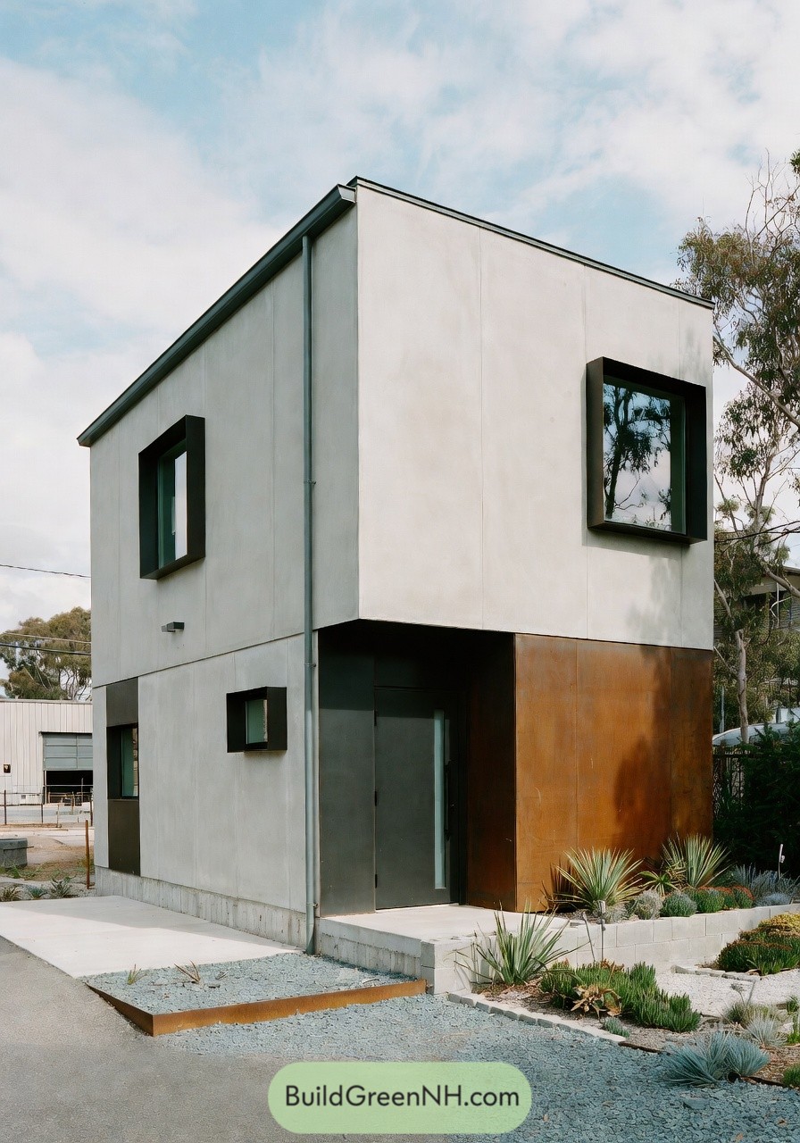 Two story modern cube house with concrete walls metal accents and drought tolerant front garden