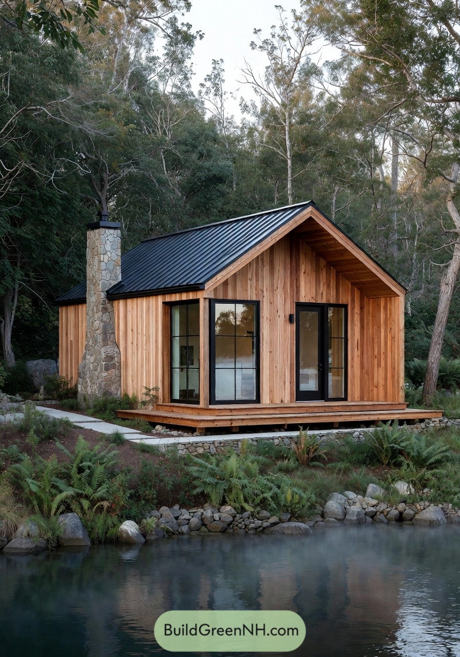 Small cedar cabin with black metal roof, stone chimney, and large glass doors beside a calm woodland pond