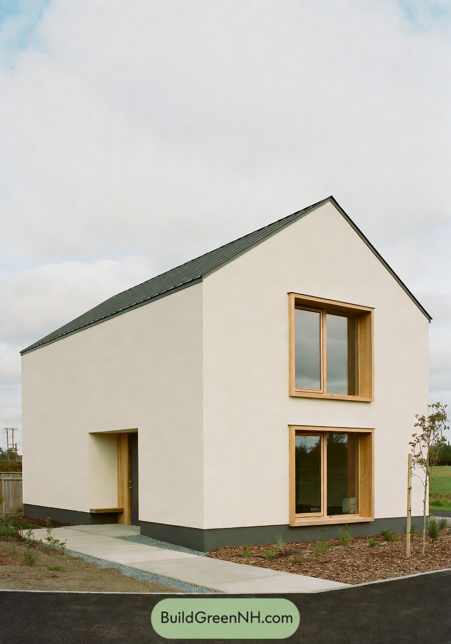 Simple cream gabled house with large wood framed windows and recessed entry