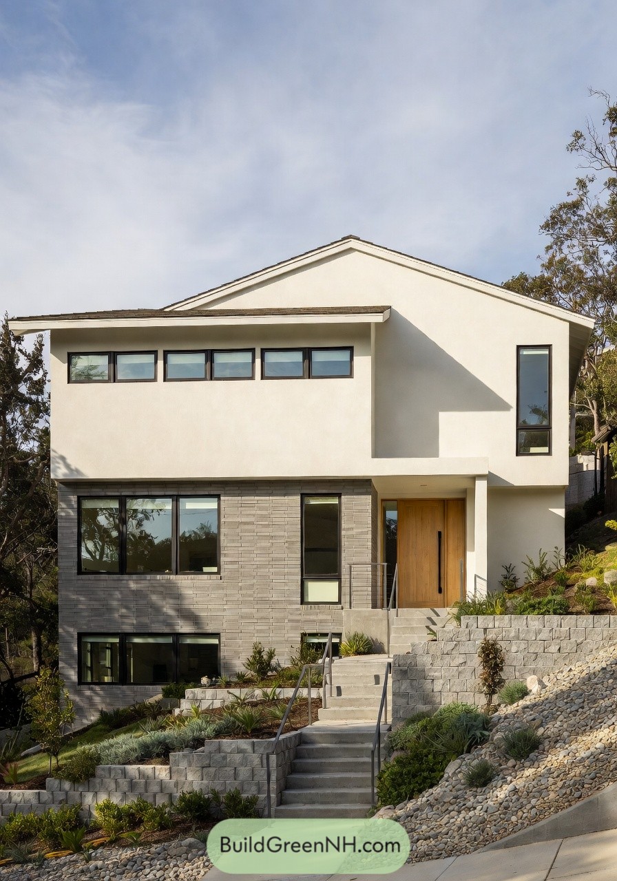 Modern two story stucco and brick house on a landscaped hillside with terraced retaining walls and large windows