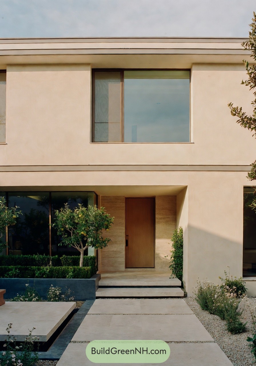 Modern beige two story home with large windows and a minimal courtyard entry