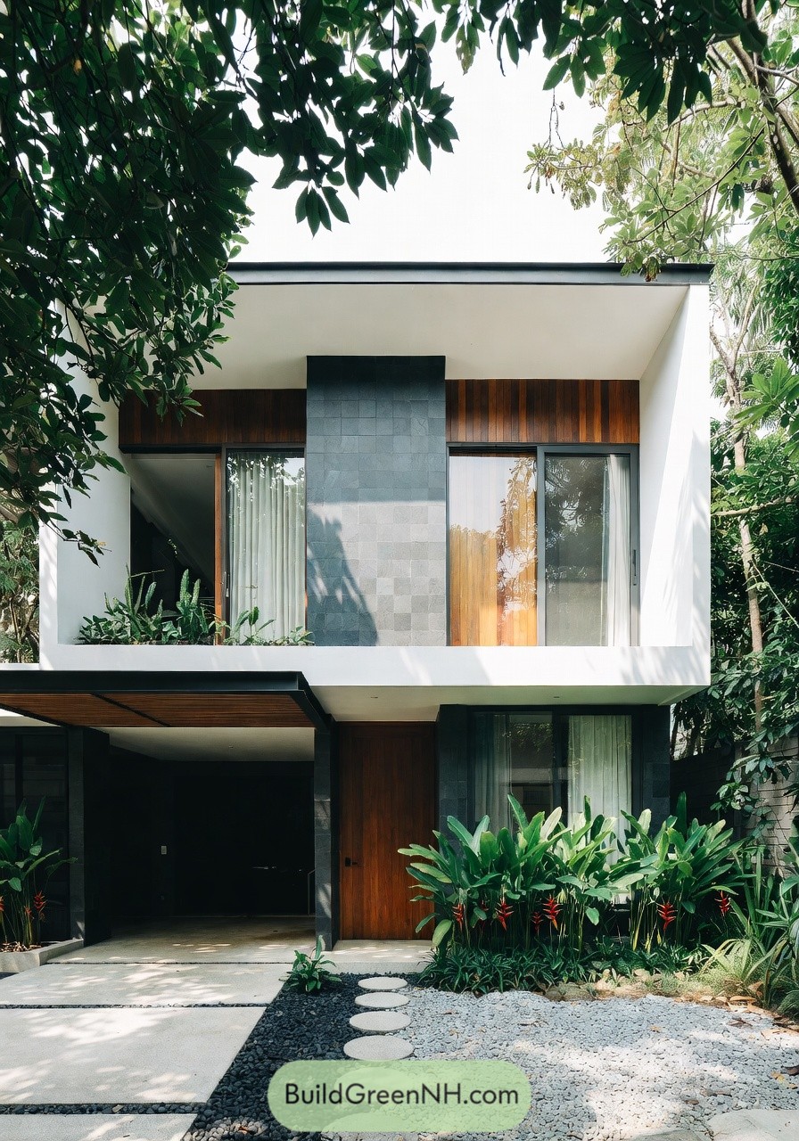Two-story white and wood modern house with dark stone accents and tropical landscaping. Open carport and sliding glass doors face a small gravel path and garden