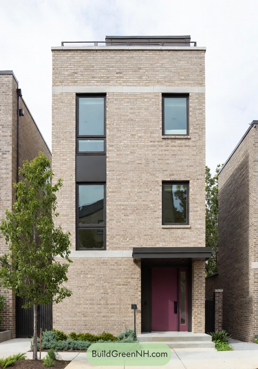 Narrow three story brick townhouse with magenta front door