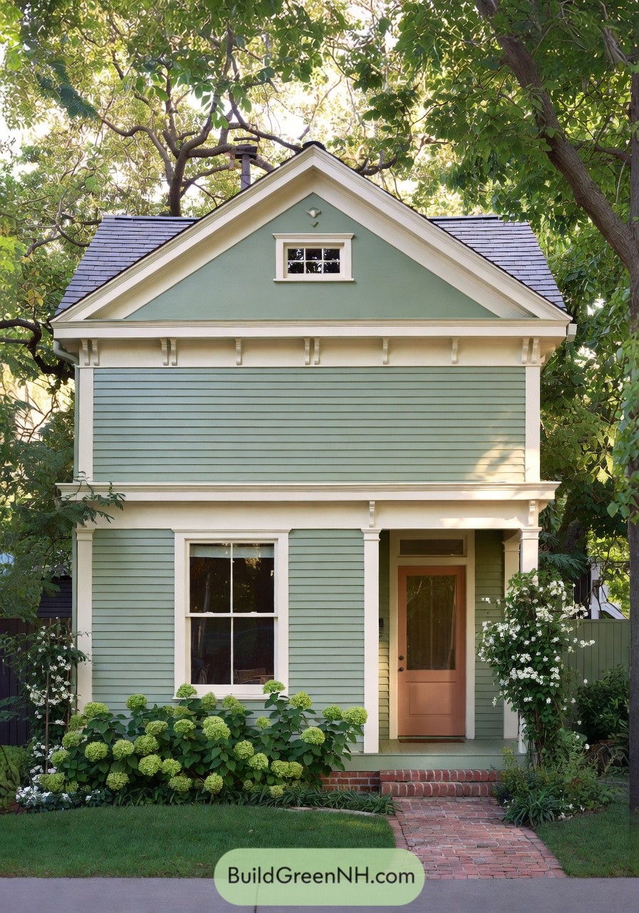 Compact green cottage with white trim and a pink front door framed by lush plantings