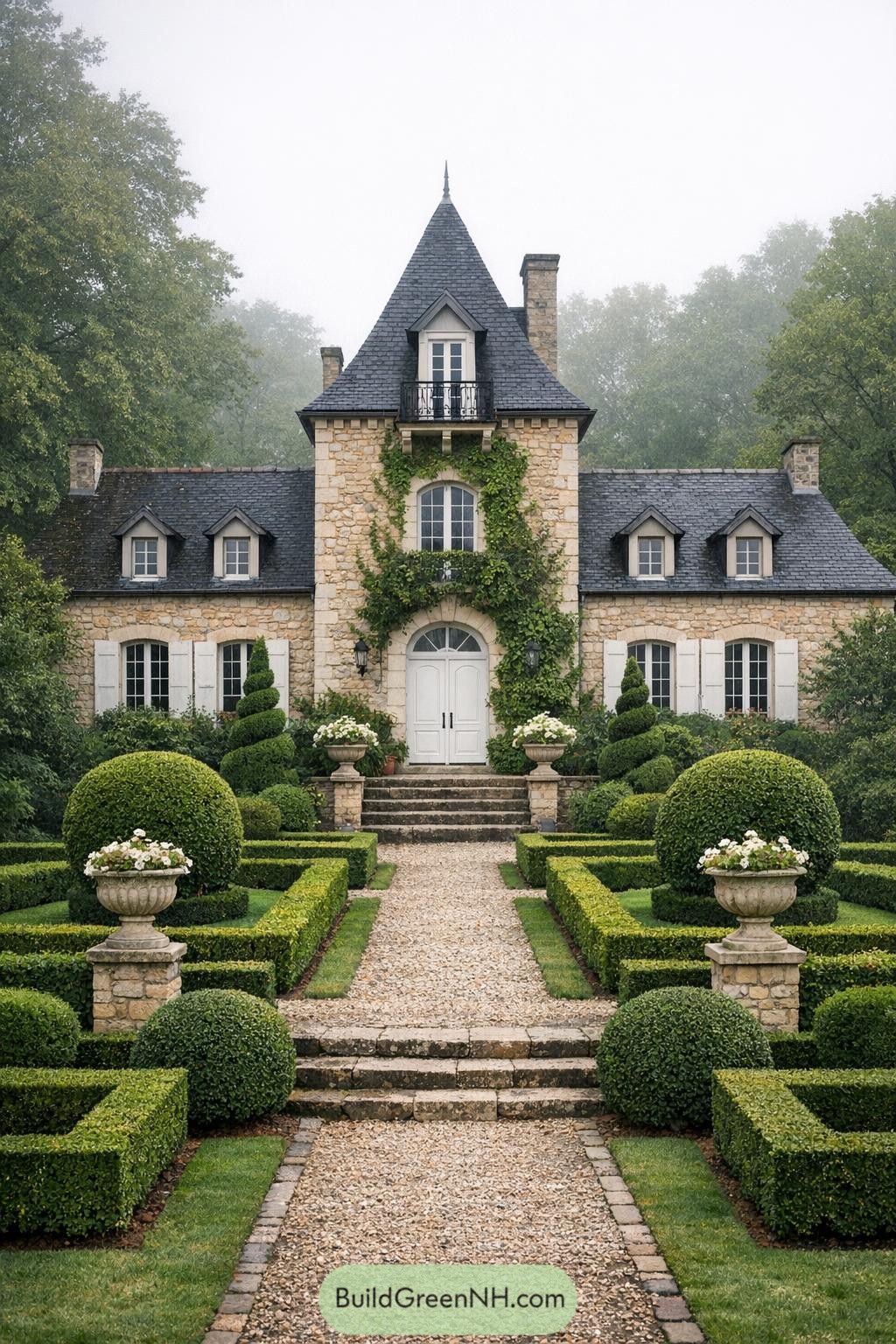 Stone country house with steep slate roof and sculpted boxwood garden