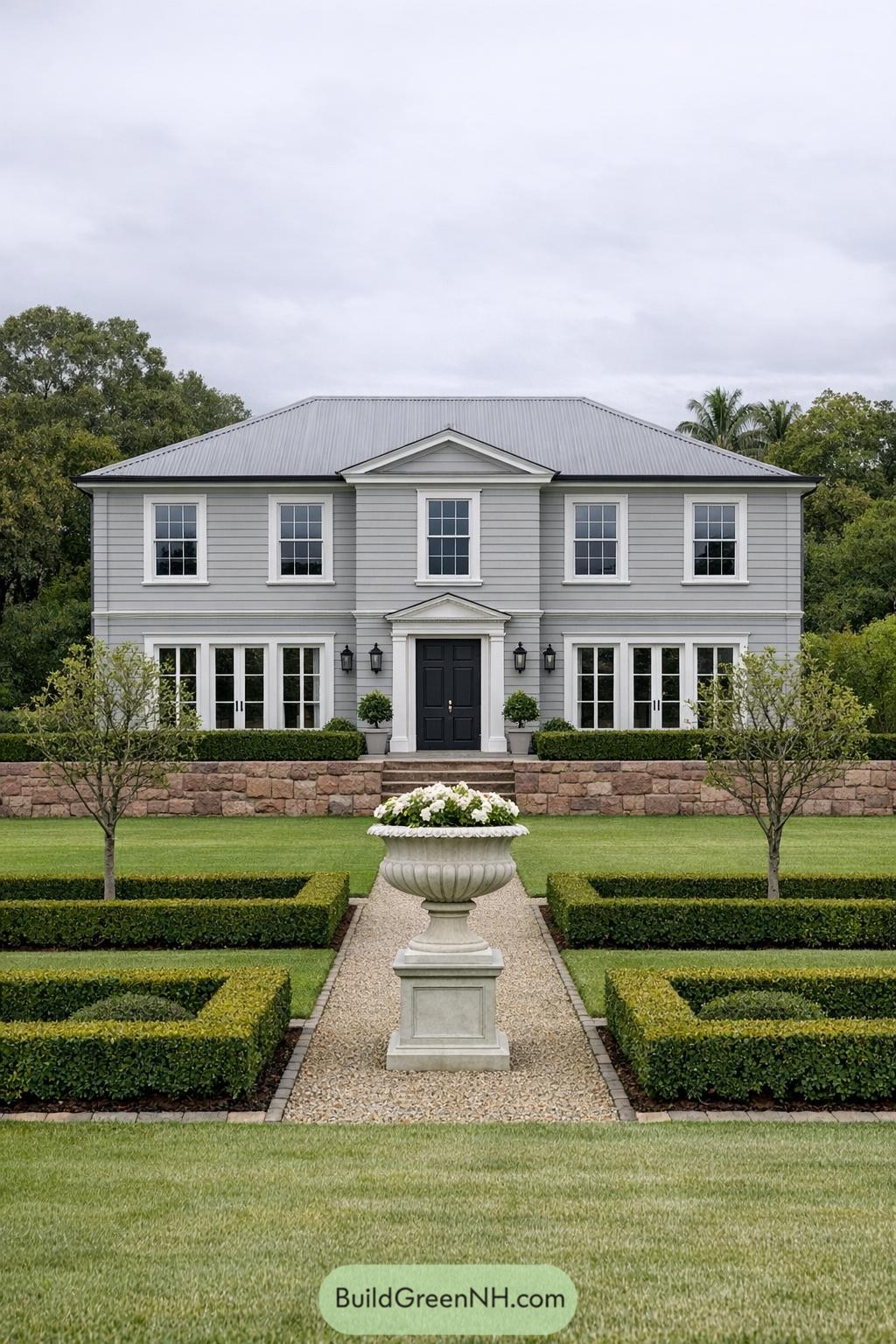 Two story gray manor with formal hedged garden and central gravel path