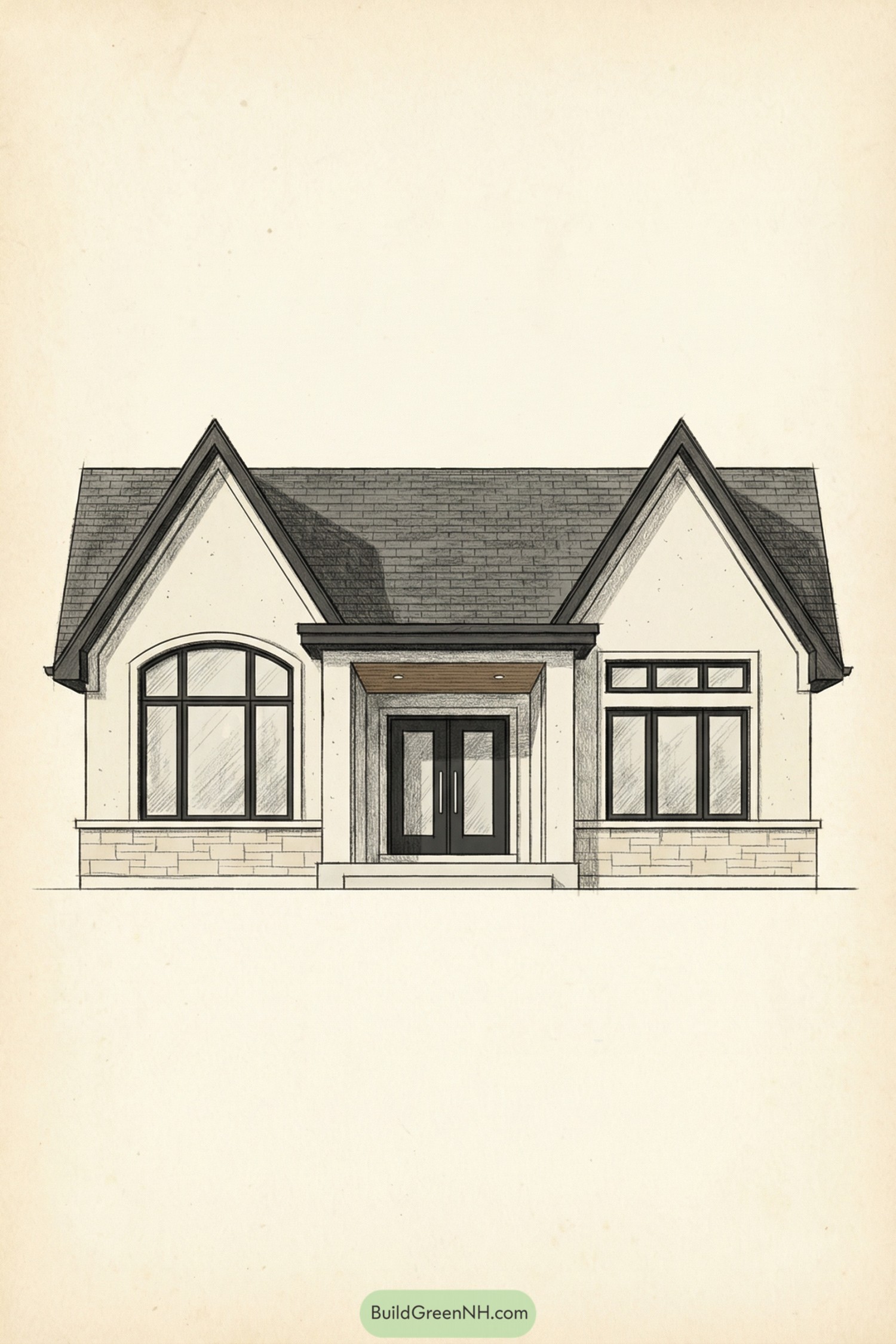 Modern cottage elevation with twin gables and large front windows
