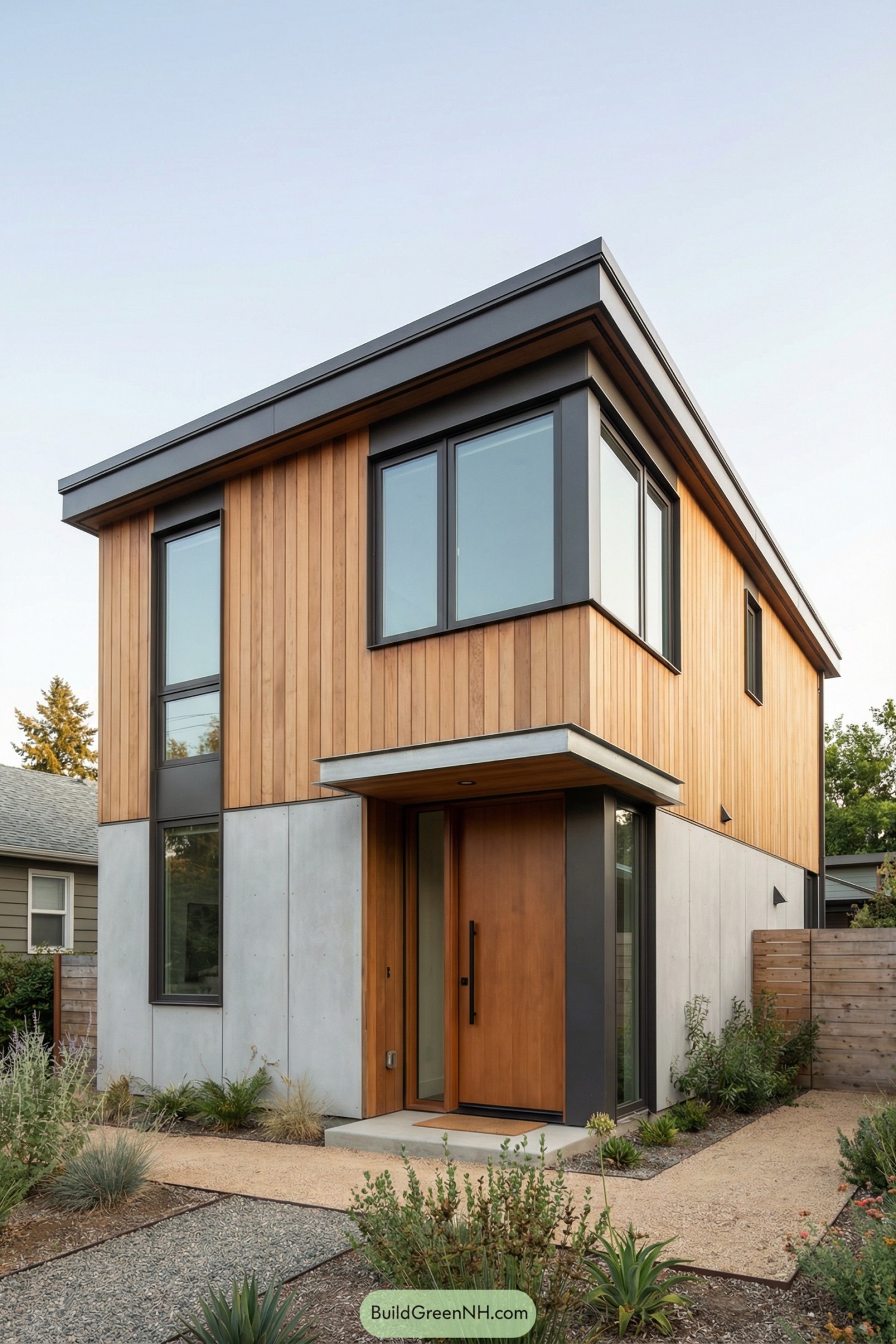 Two story modern house with vertical cedar cladding big square windows and smooth concrete base