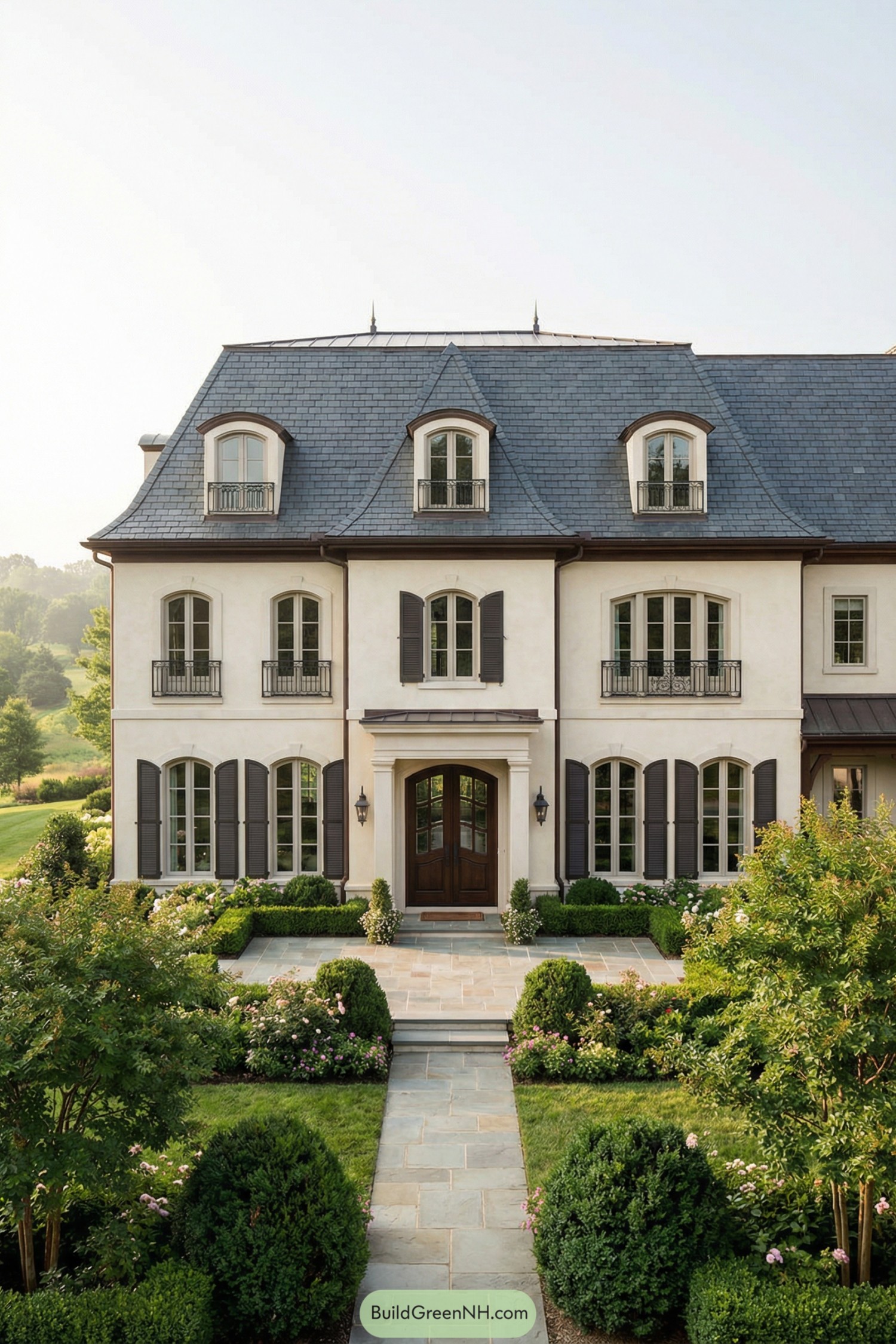 Three story cream stucco house with blue mansard roof and formal garden path
