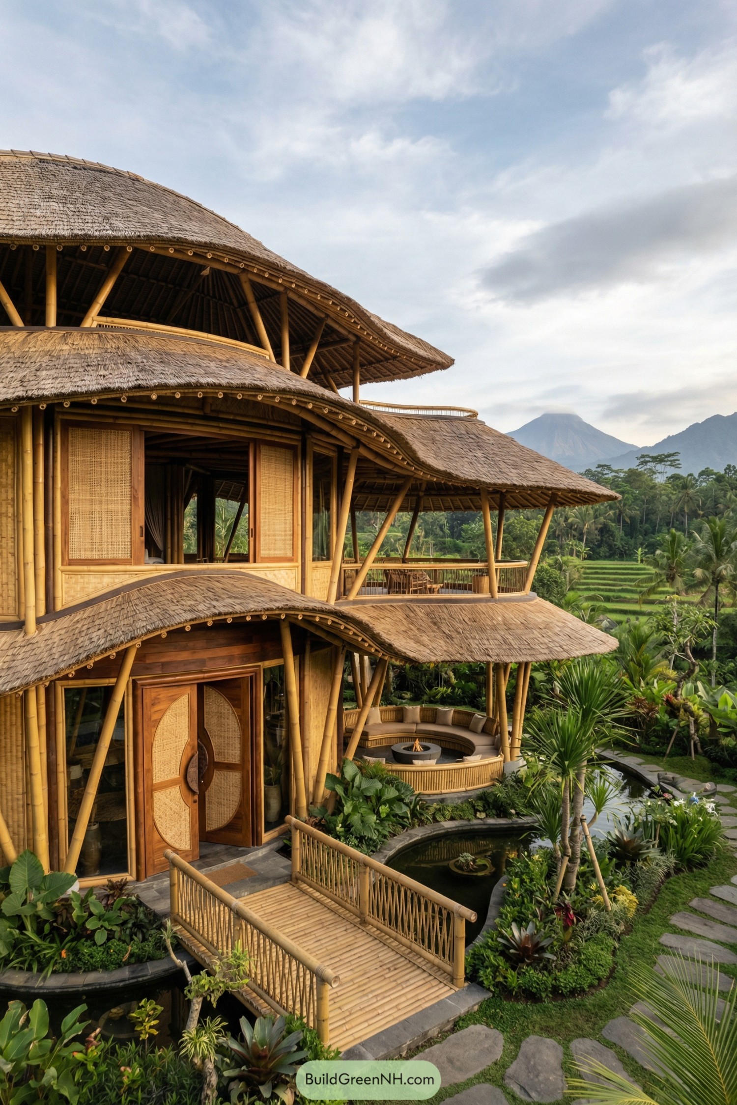 Multi level bamboo house with curving thatched roofs in lush tropical landscape