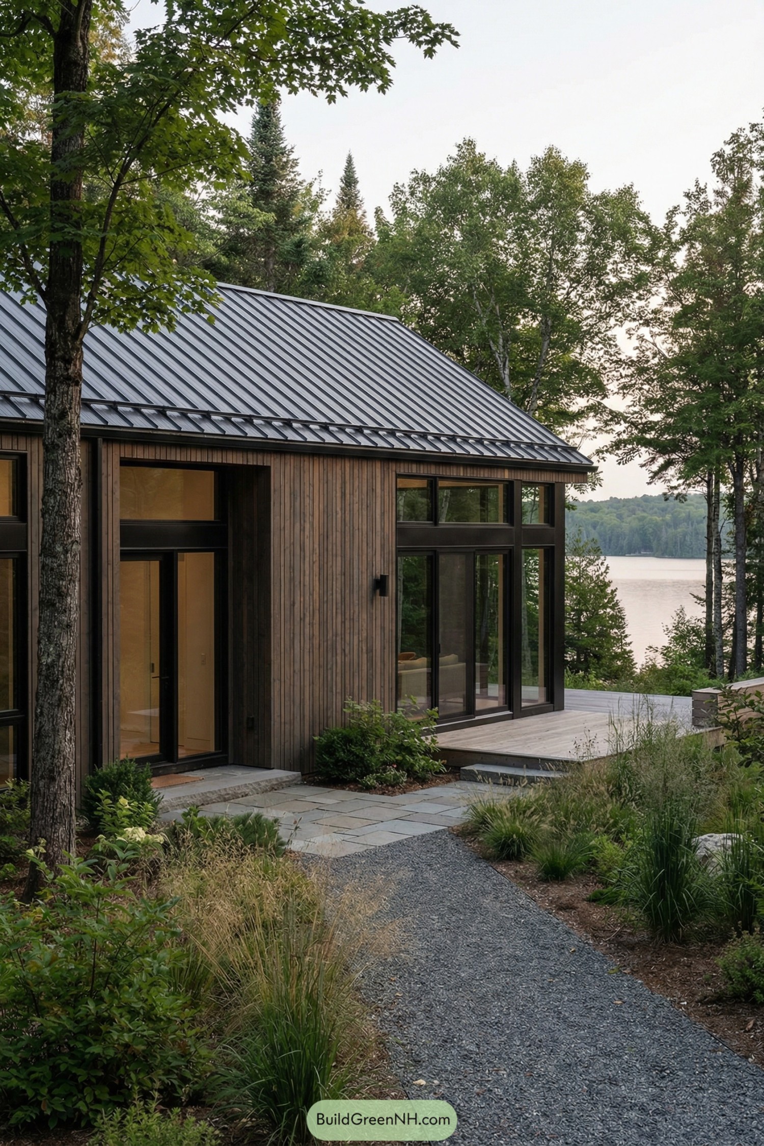 Modern wood cabin with metal roof and large glass facing a forested lake