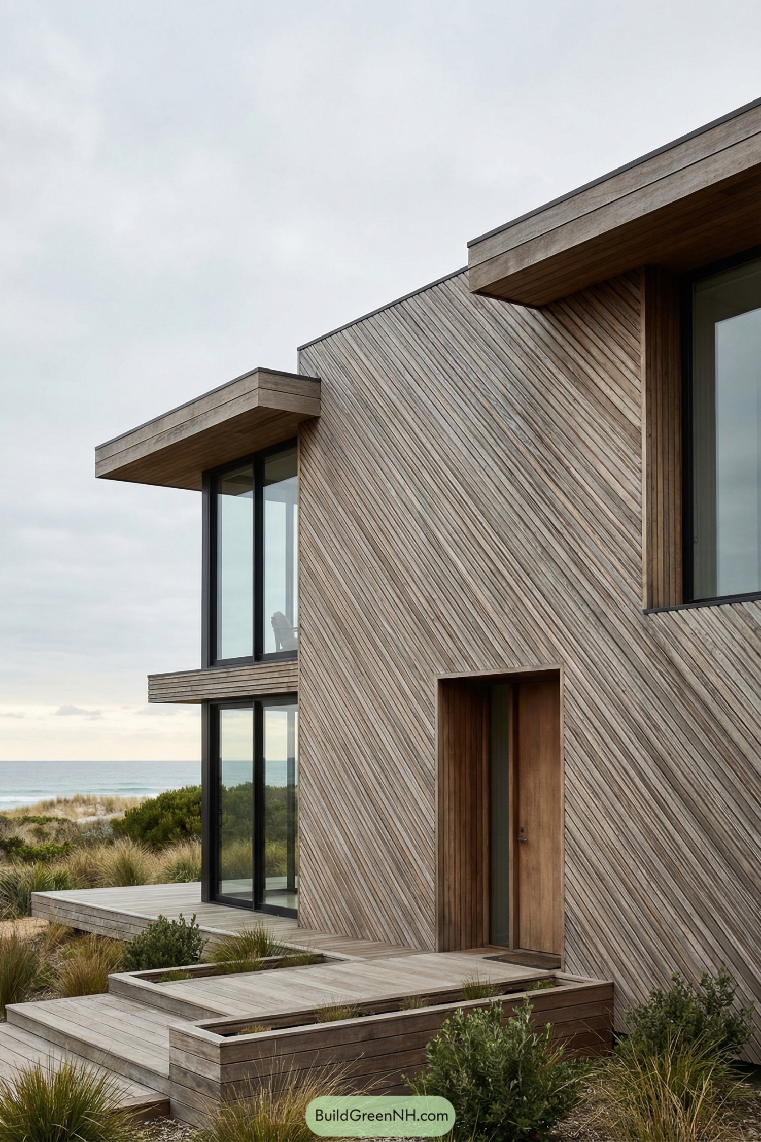 Modern beach house with diagonal wood cladding and large glass windows