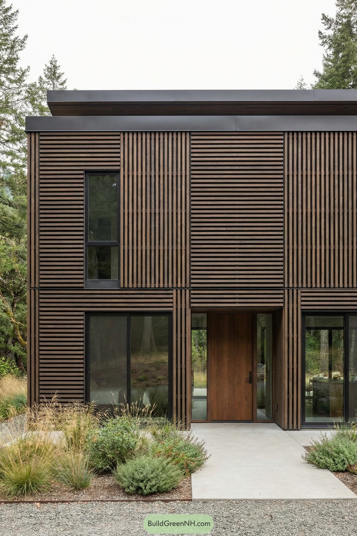 Modern two story house with dark vertical and horizontal wooden slats and large glass windows facing a simple gravel and planted front path