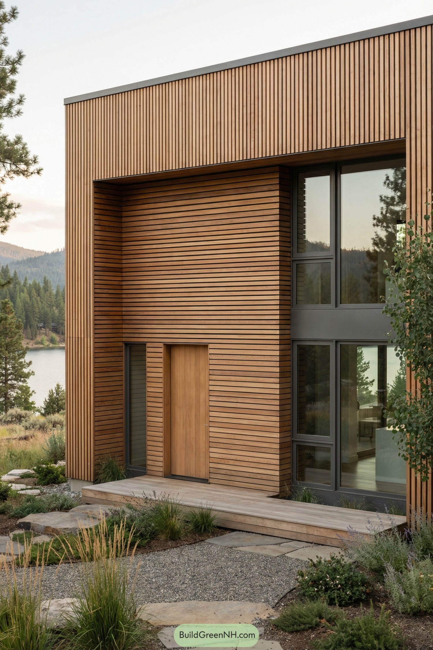 Modern lakeside house with vertical and horizontal cedar slats wrapping a recessed entry and large windows
