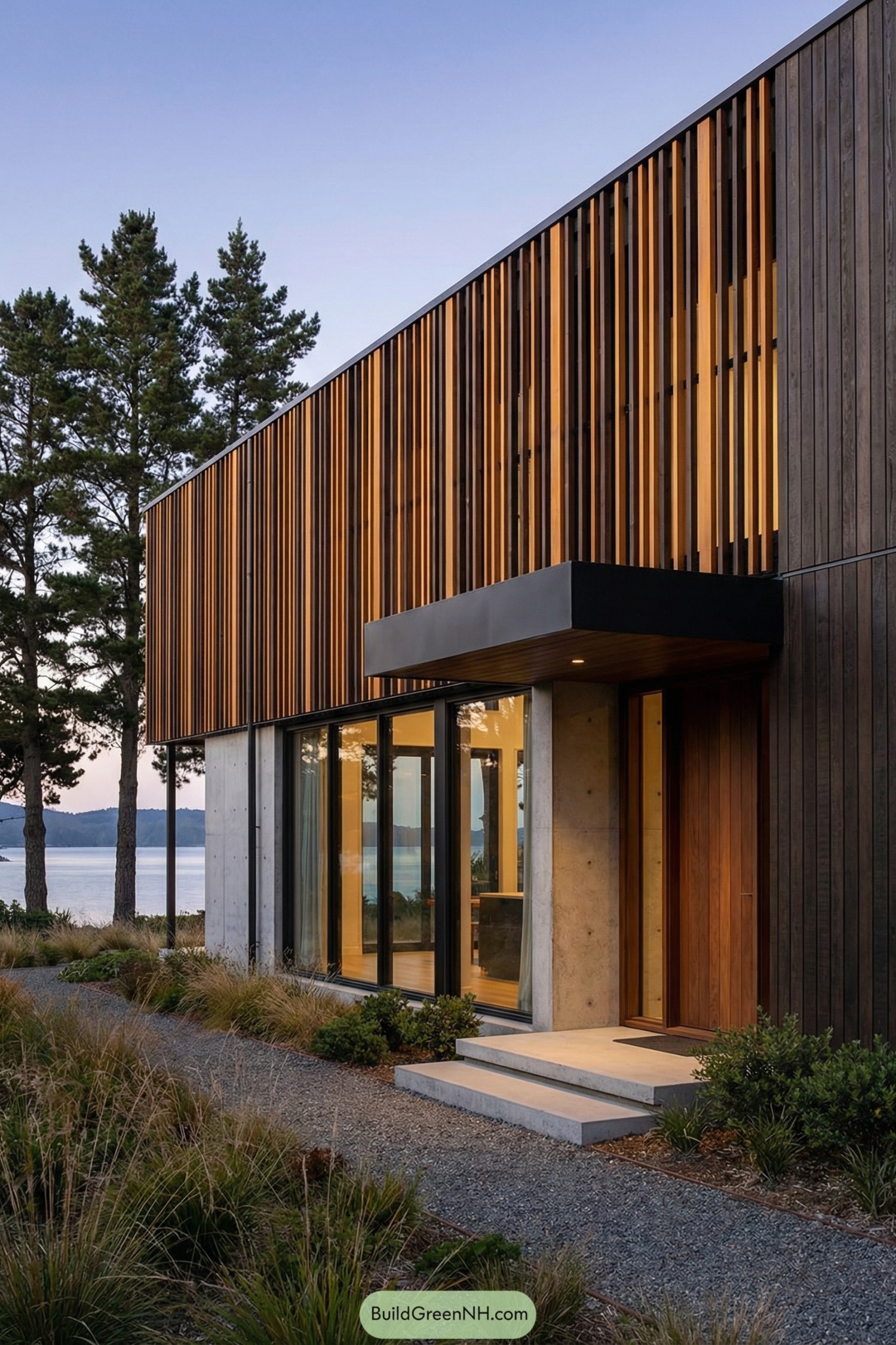 Modern waterfront house with tall vertical wooden slats and glass entry