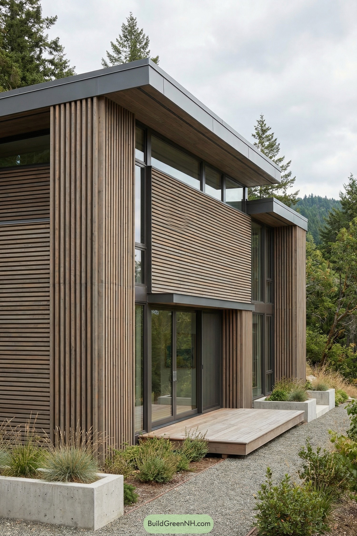 Modern two story house with horizontal and vertical wooden slats, large glass windows, and flat roof in a forest setting