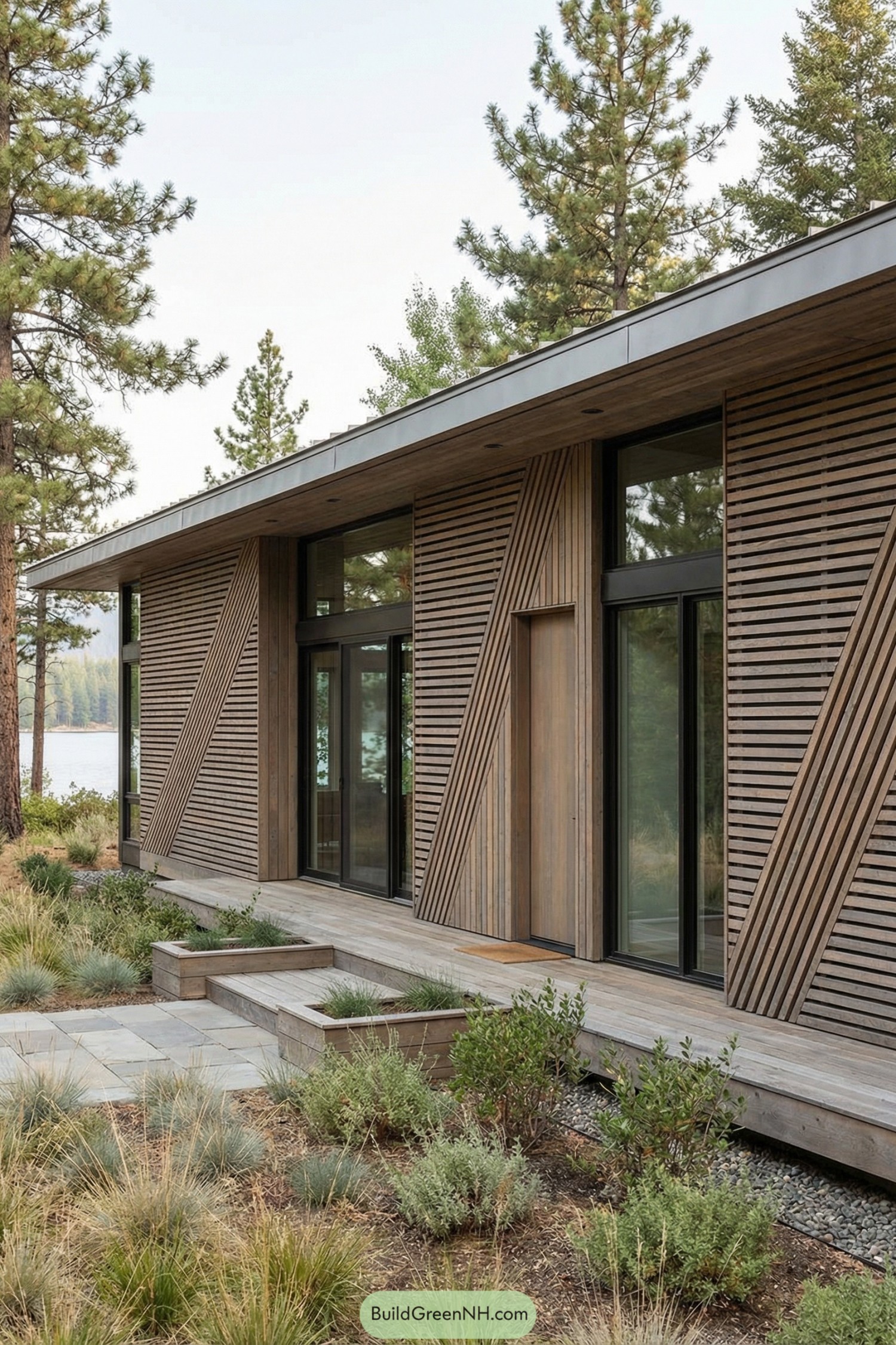 Modern single story house with angled wooden slat facade facing a lakeside landscape