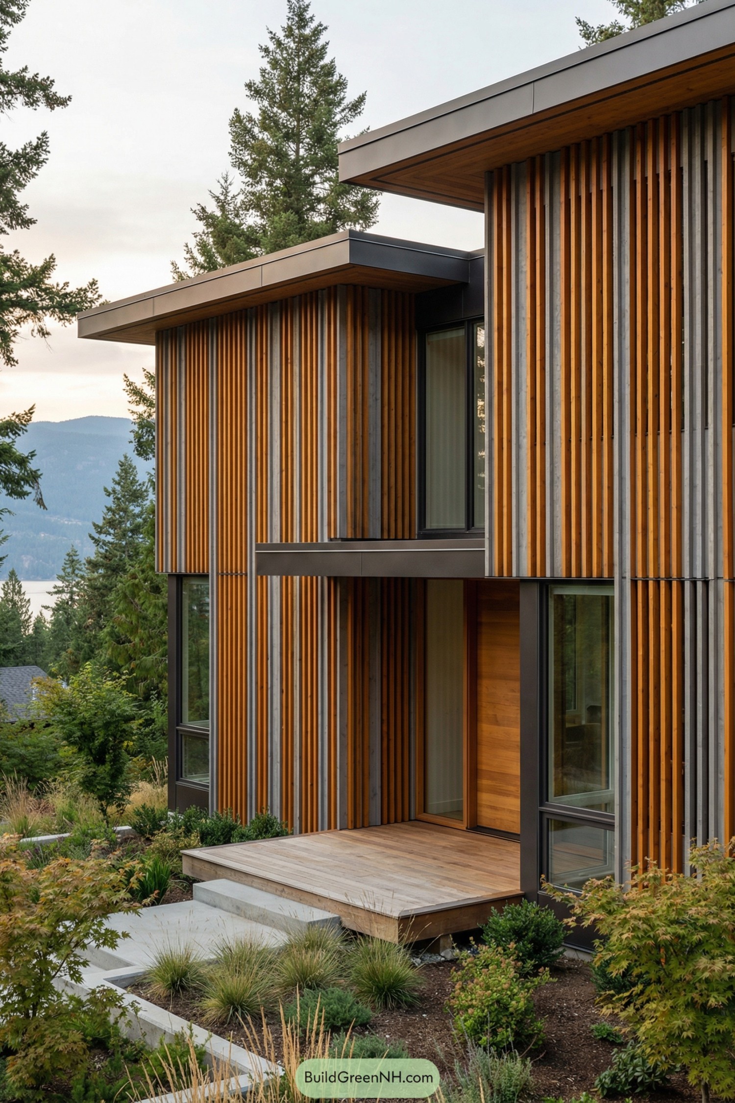 Contemporary house with vertical wood and gray slat facade framed by flat roofs and surrounded by lush hillside landscaping