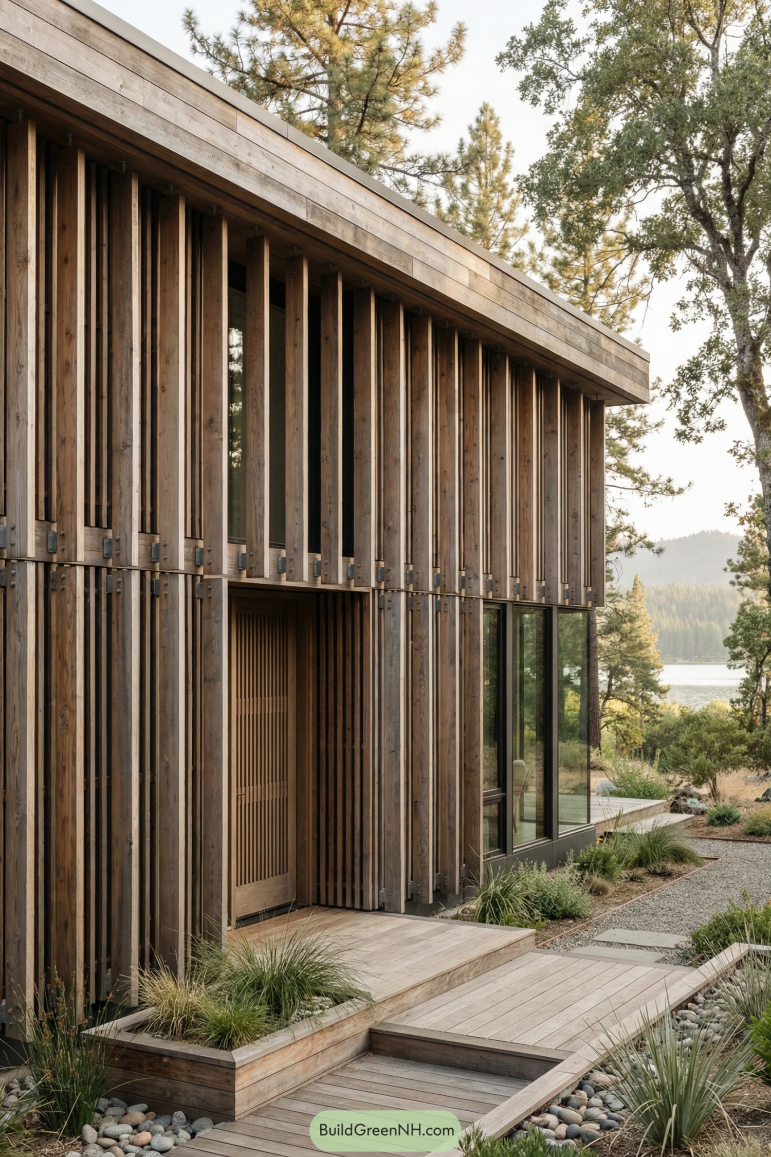 Modern wooden house with vertical slats by a lake