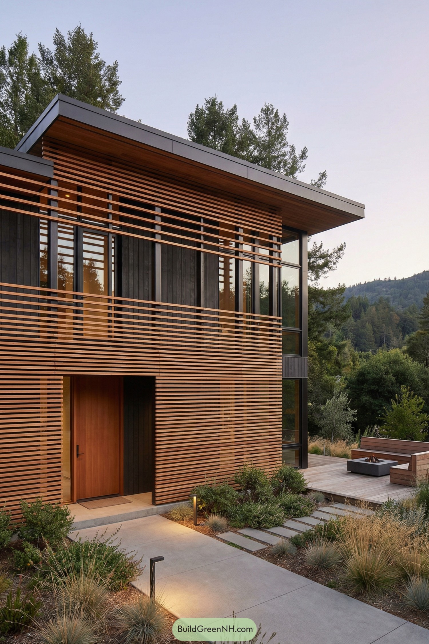 Modern house with horizontal wooden slat facade in a wooded setting