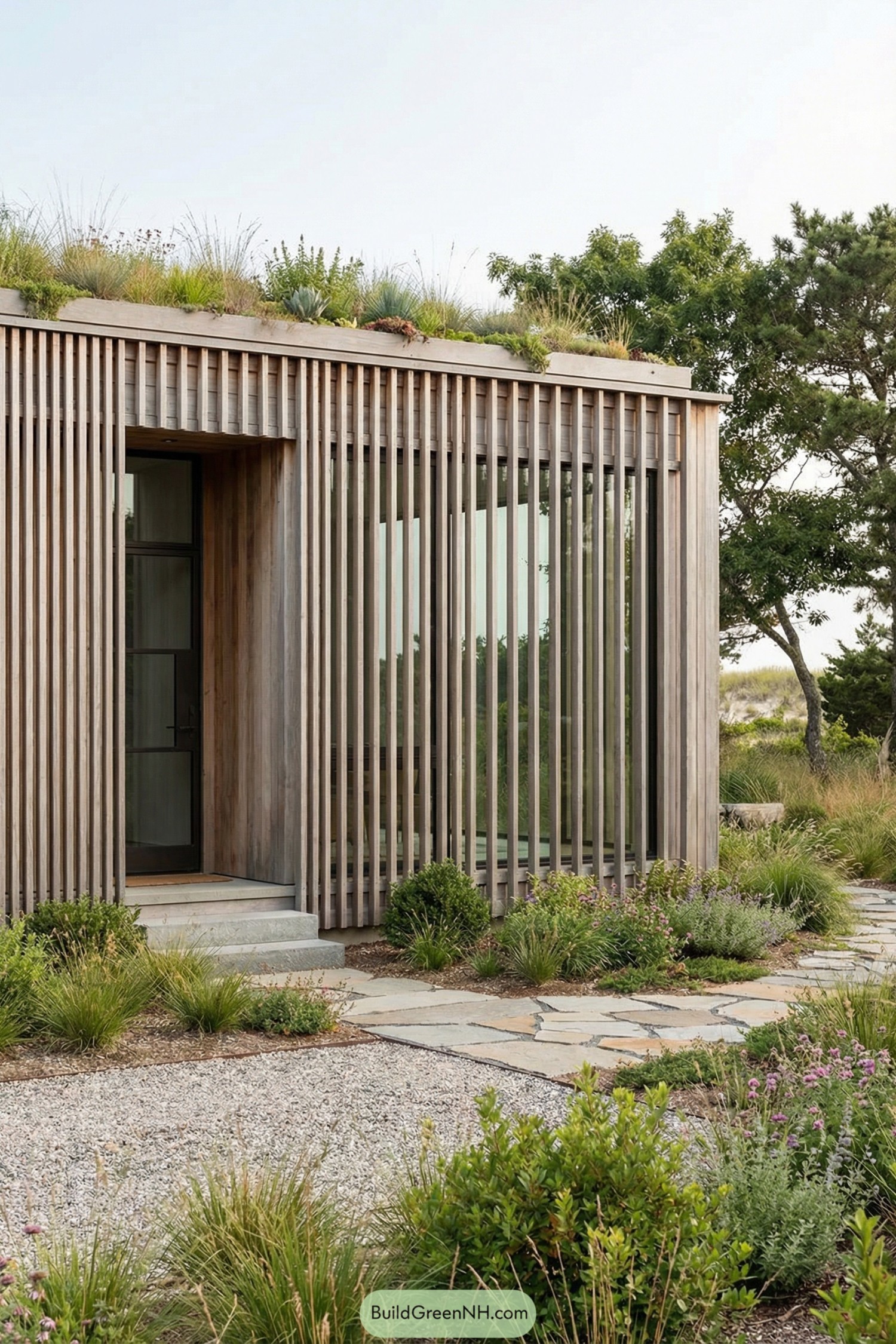 Modern house with vertical wooden slats and planted roof