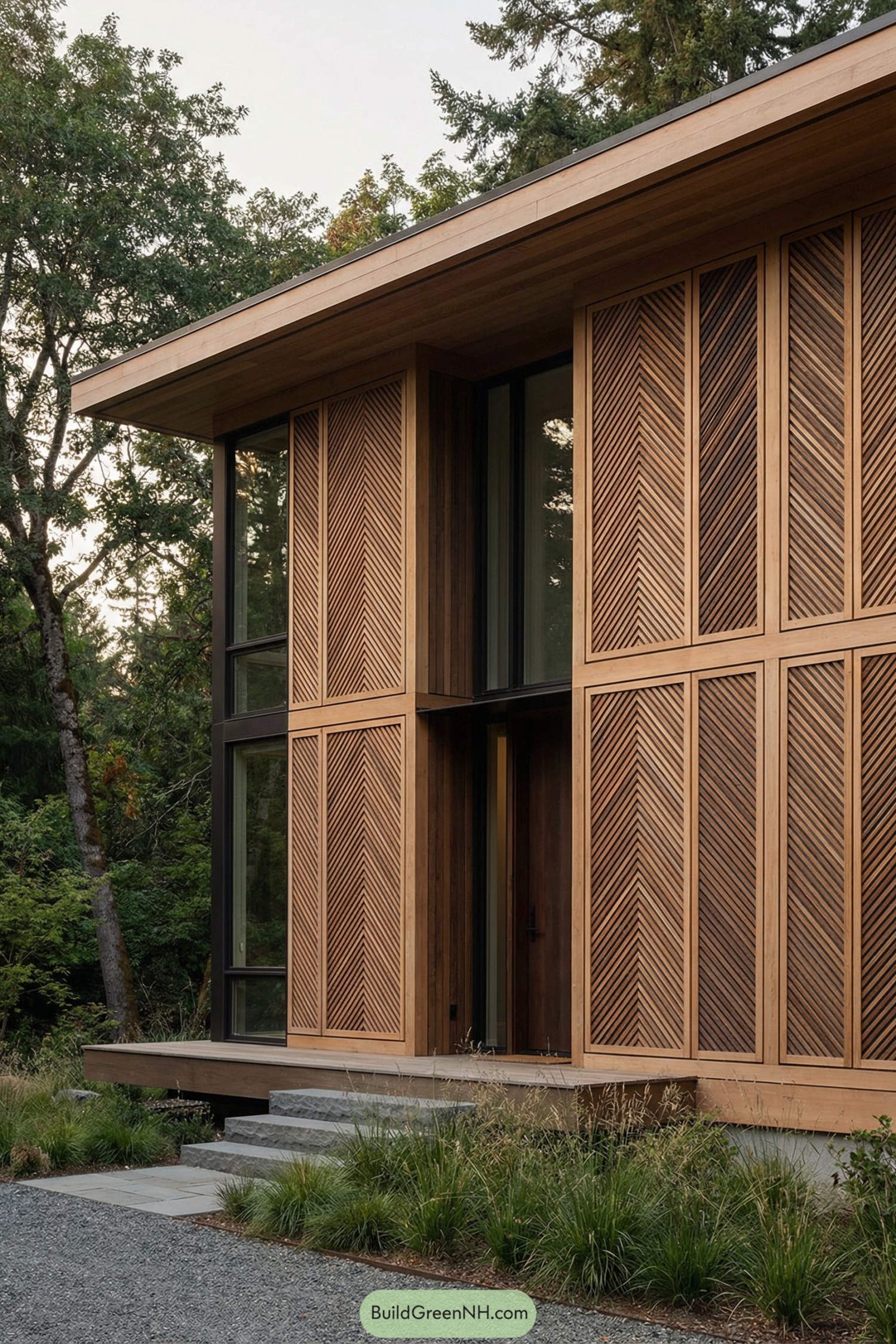 Modern two story house with chevron wooden slat facade among trees