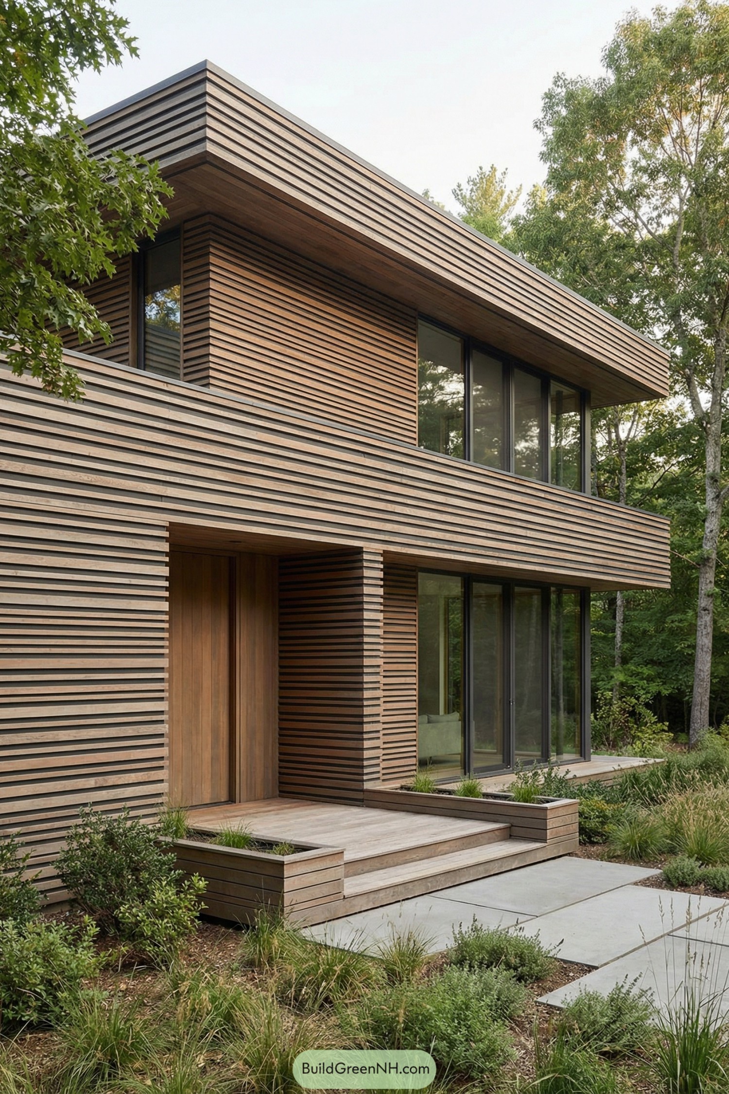 Modern two story house with horizontal wooden slats and large glass windows surrounded by trees