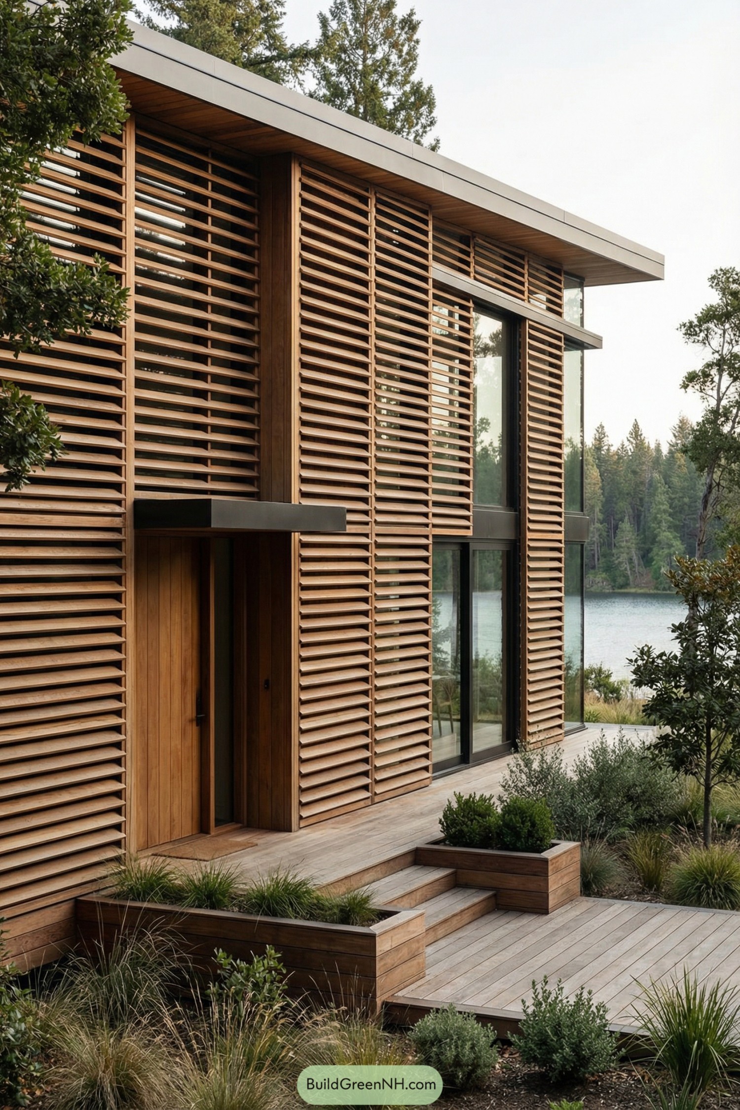 Modern wooden house with horizontal slatted facade overlooking a lake