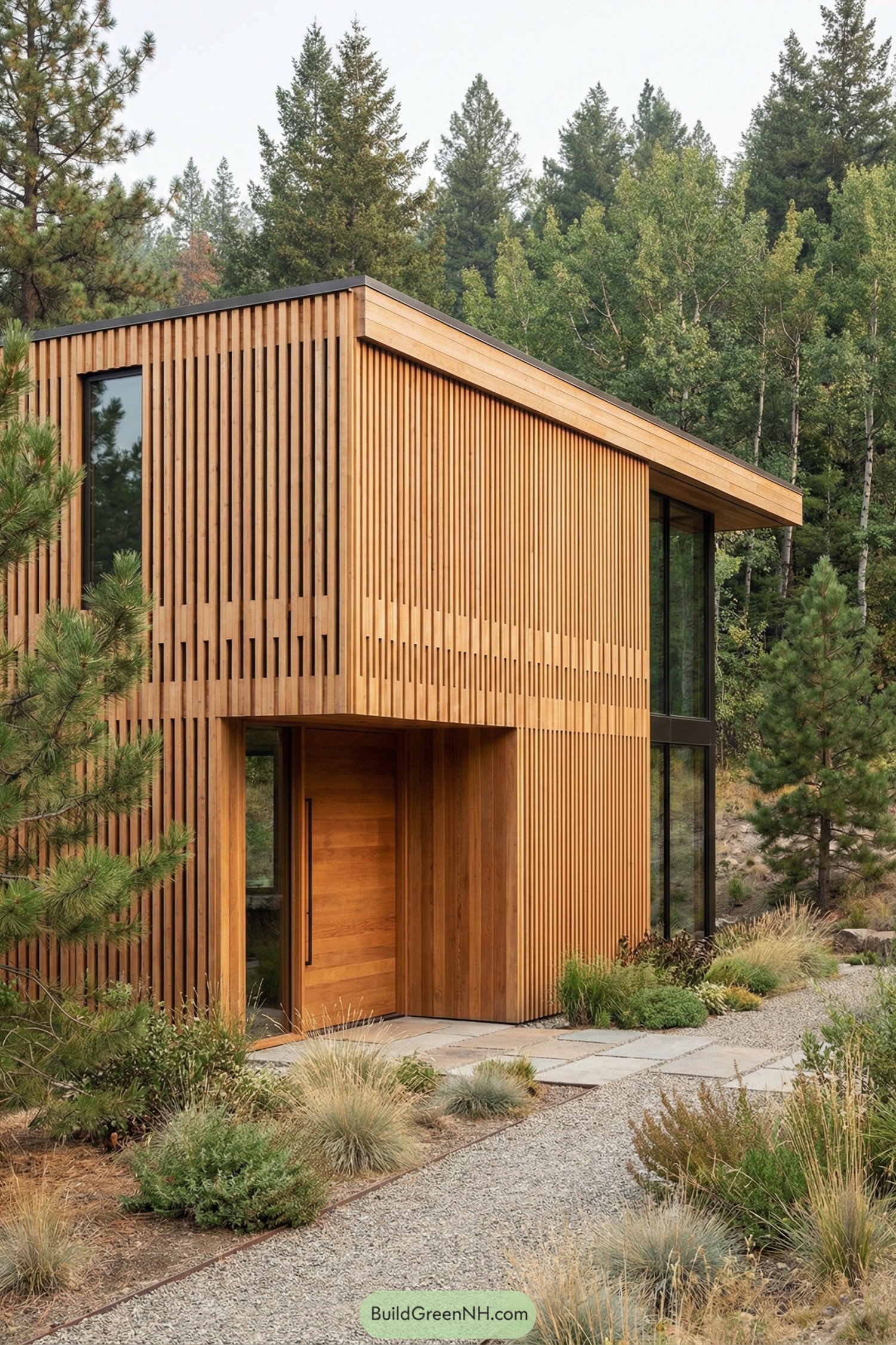 Modern cedar house with vertical slats in forest