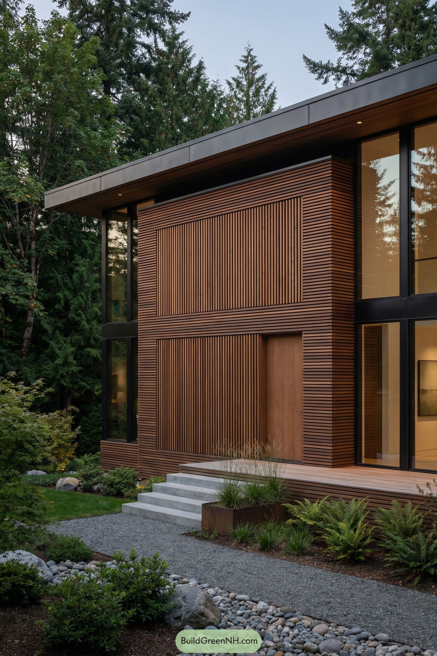 Modern house with vertical wooden slats and large glass walls surrounded by greenery