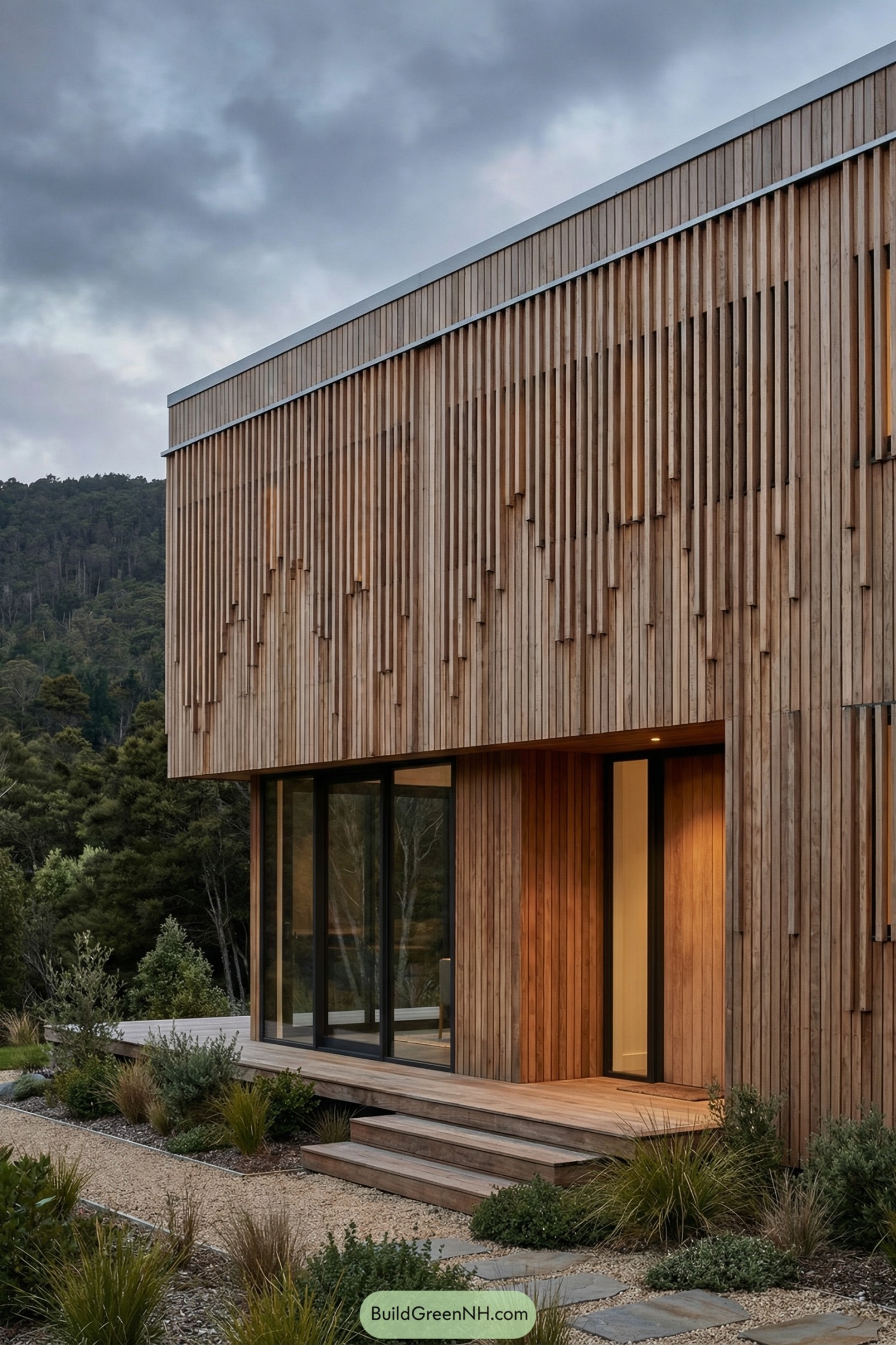 This image must inspire real exterior architecture of Modern wooden house facade with slatted pattern. Pixel steps: slat ends terminate at different depths in a stepped relief (some flush, some 20–40 mm proud), making a 3D texture.. Create a detailed description of Modern wooden house facade with slatted pattern. Pixel steps: slat ends terminate at different depths in a stepped relief (some flush, some 20–40 mm proud), making a 3D texture. and the environment, make the environment picture-worthy. If the given image shows specific architectural details, describe them concisely and accurately but realistically. Keep it formal and objective. Describe these elements in the order of priority: facade and style, colors, shape of the structure, materials of the building, roofing, windows, doors, outdoor structures leading to and around the building, landscaping, surrounding environment, setting and scene. Do not refer to the image itself, go straight to the subject. Do not write about the function of the elements, write only about their appearance, provide details of each element. If there is text overlay in the image, ignore it. If there's a house plan in the image, ignore it. If the image is a collage, use the first image only. Ignore people and animals. If the image shows aerial view of the house, be sure to mention that it as an aerial view image. Example (follow this format strictly but use details to describe it accurately): high-res photo of Modern wooden house facade with slatted pattern. Pixel steps: slat ends terminate at different depths in a stepped relief (some flush, some 20–40 mm proud), making a 3D texture., facade, materials, colors, windows style, roof style, door style, outdoor area, landscaping, surrounding background. If you cannot make Modern wooden house facade with slatted pattern. Pixel steps: slat ends terminate at different depths in a stepped relief (some flush, some 20–40 mm proud), making a 3D texture. exterior architecture from the given image, create a new idea based on general vibe of the image. Keep the overall image aesthetically stunning but realistic. Include style keywords at the end: single real-life photo, high-resolution, architectural photography, soft lighting, cinematic composition.