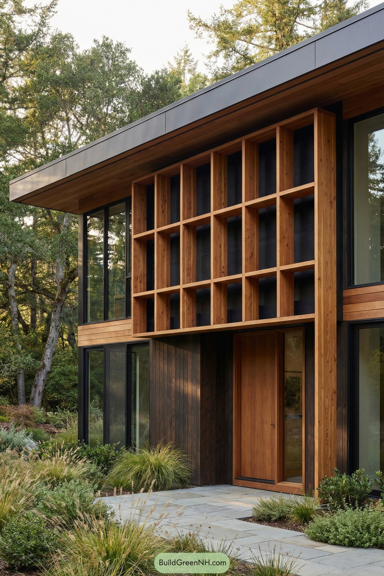 Modern two story house with bold wooden grid facade and large glass panels framed by trees
