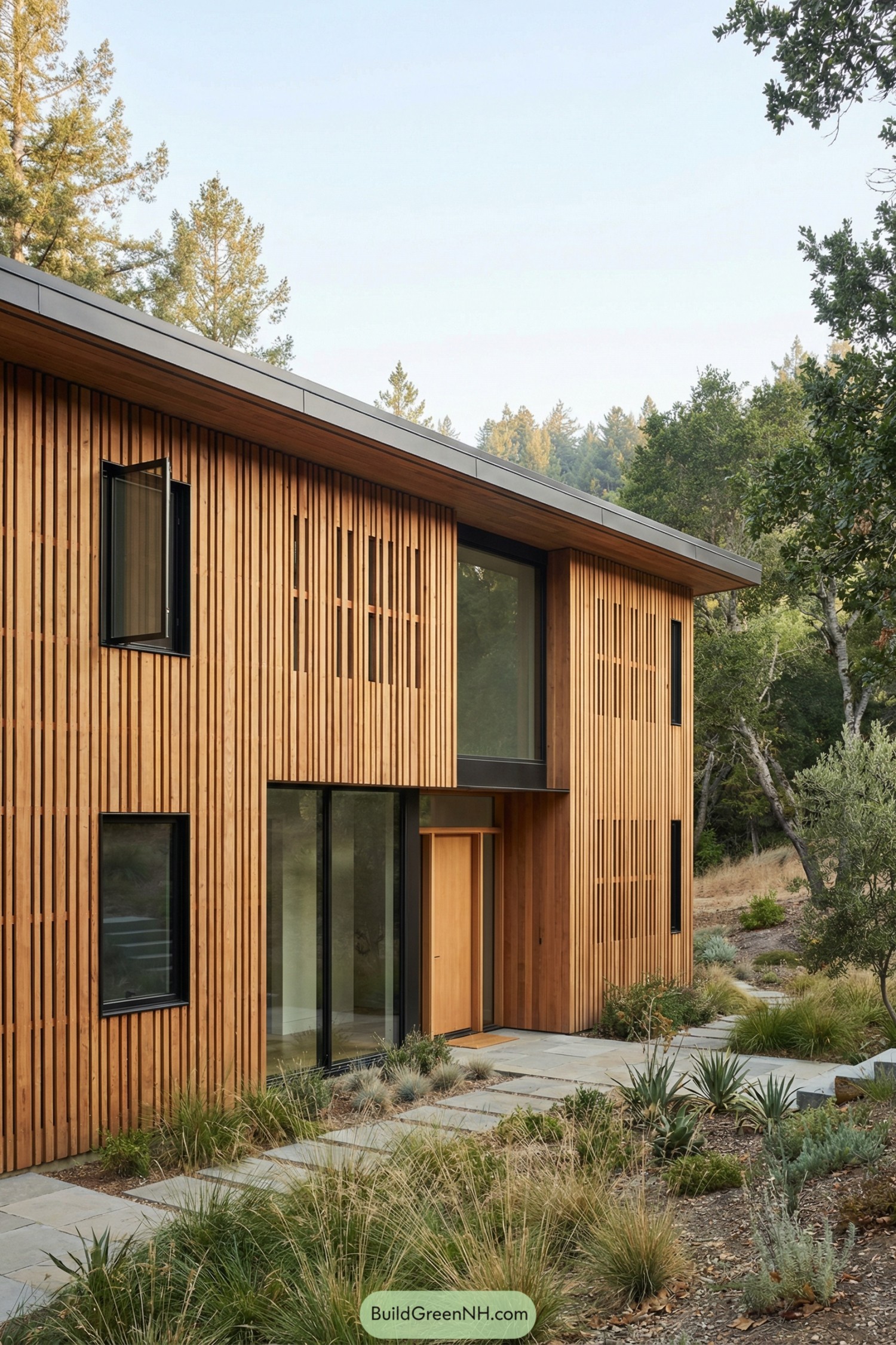 Two story house with vertical cedar slat facade and large windows facing a natural landscape