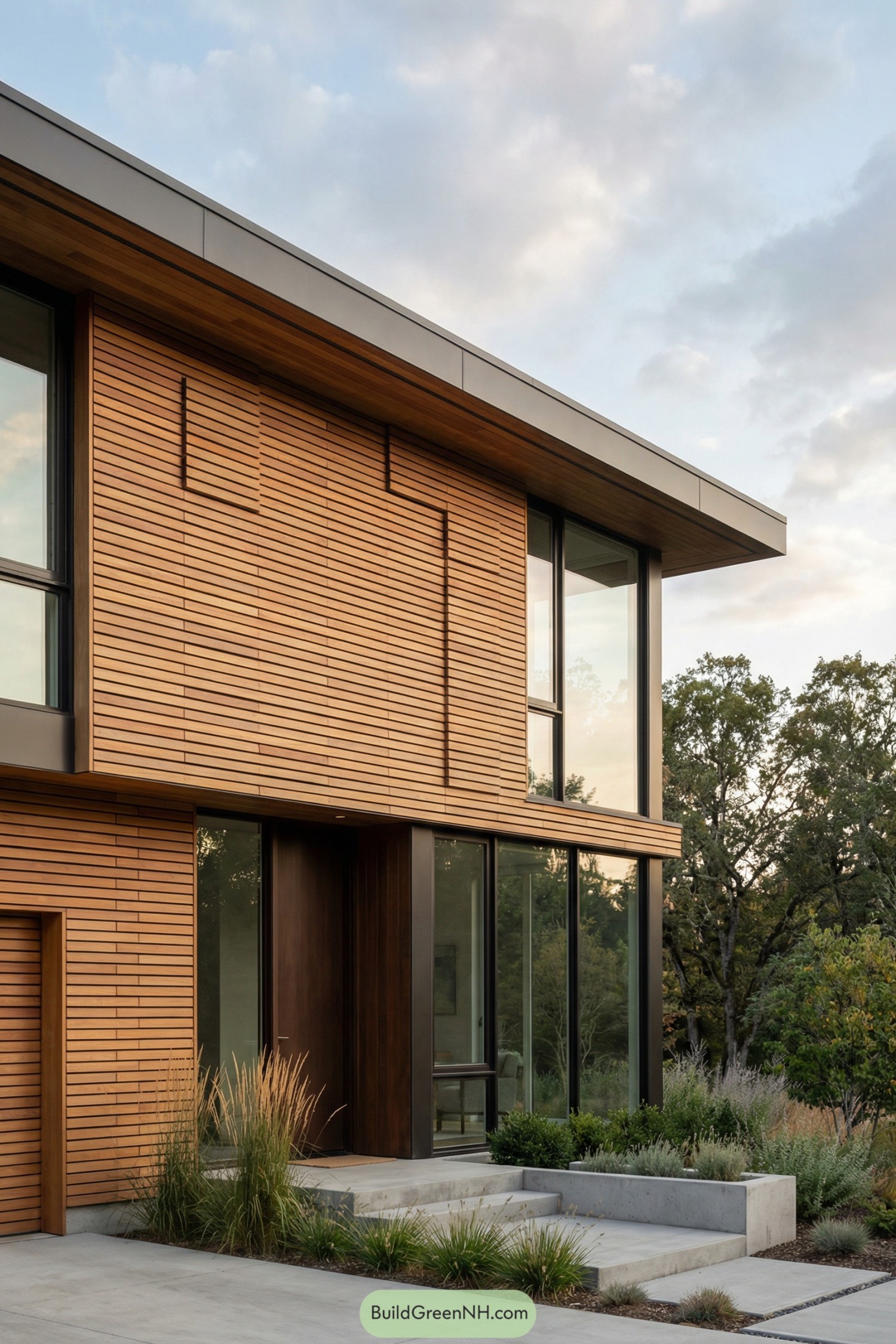 Modern two story house with horizontal cedar slat facade and large glass windows