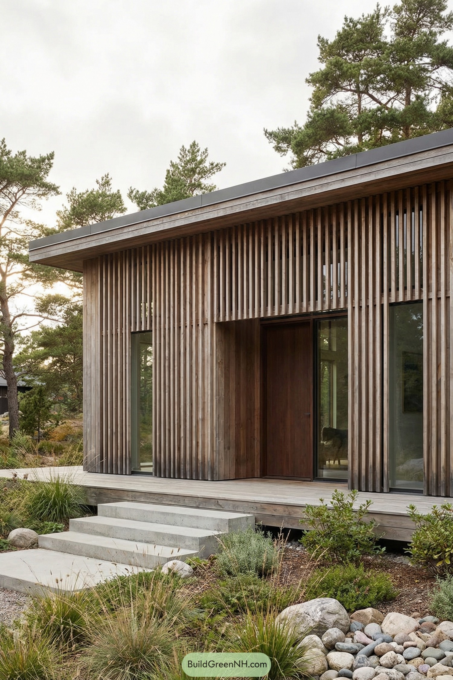 Modern wooden house with vertical slat façade among trees