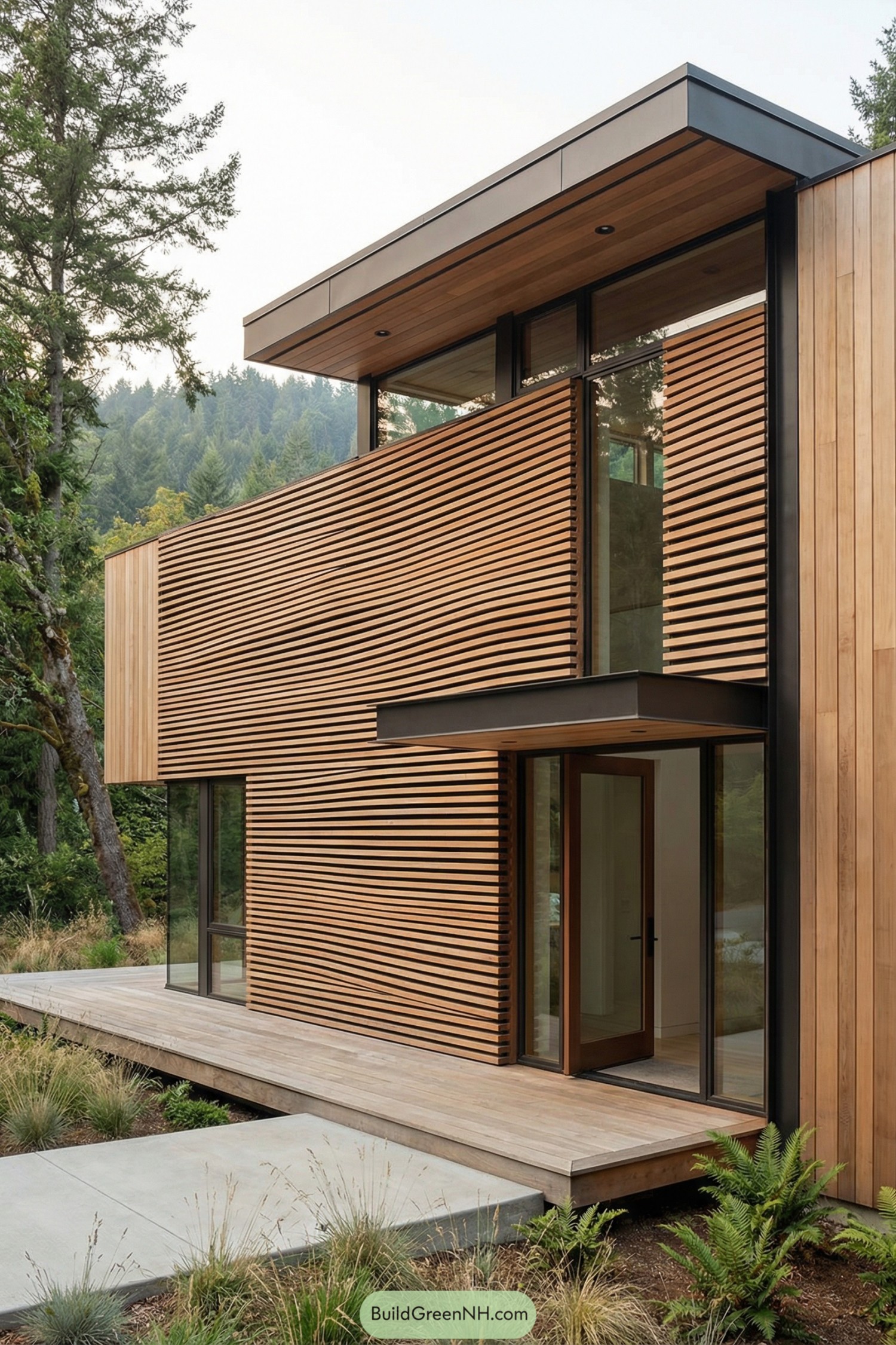 Modern two story house with wavy horizontal wooden slat facade and large glass openings in a forest setting