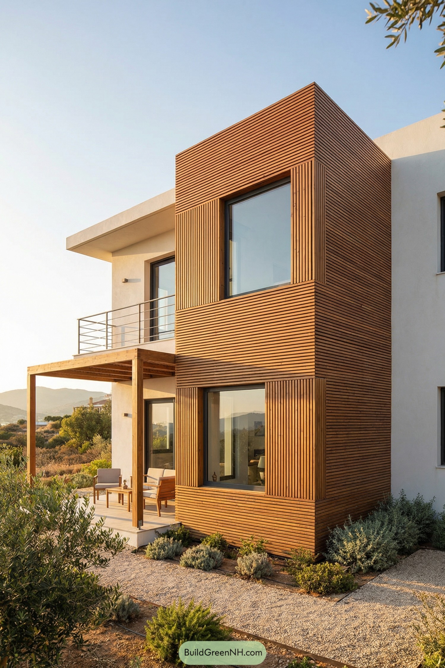 Modern house with vertical wooden slat facade and large glass windows in a dry landscaped garden